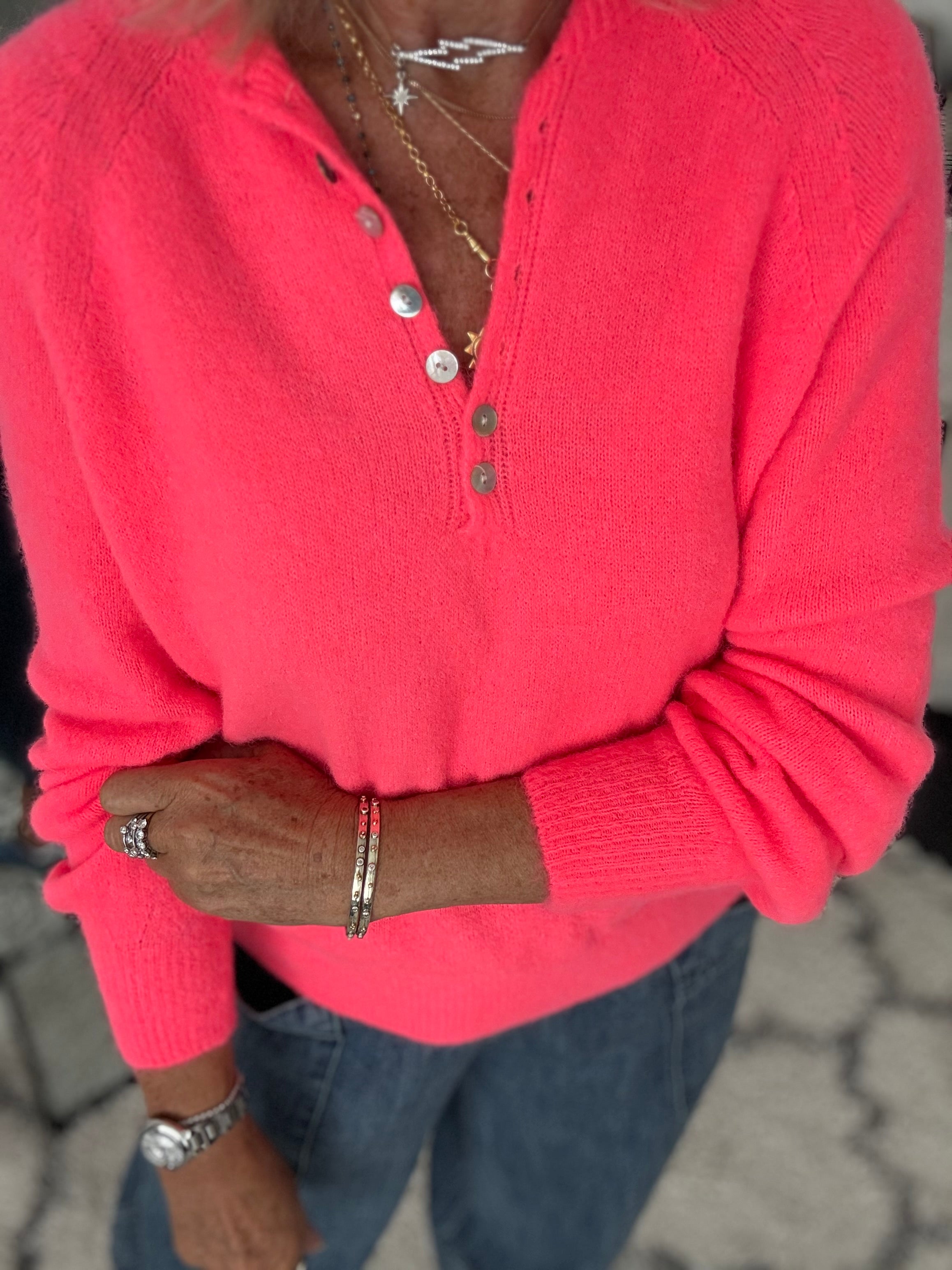 Softie Jumper with Button Neck in Neon Coral