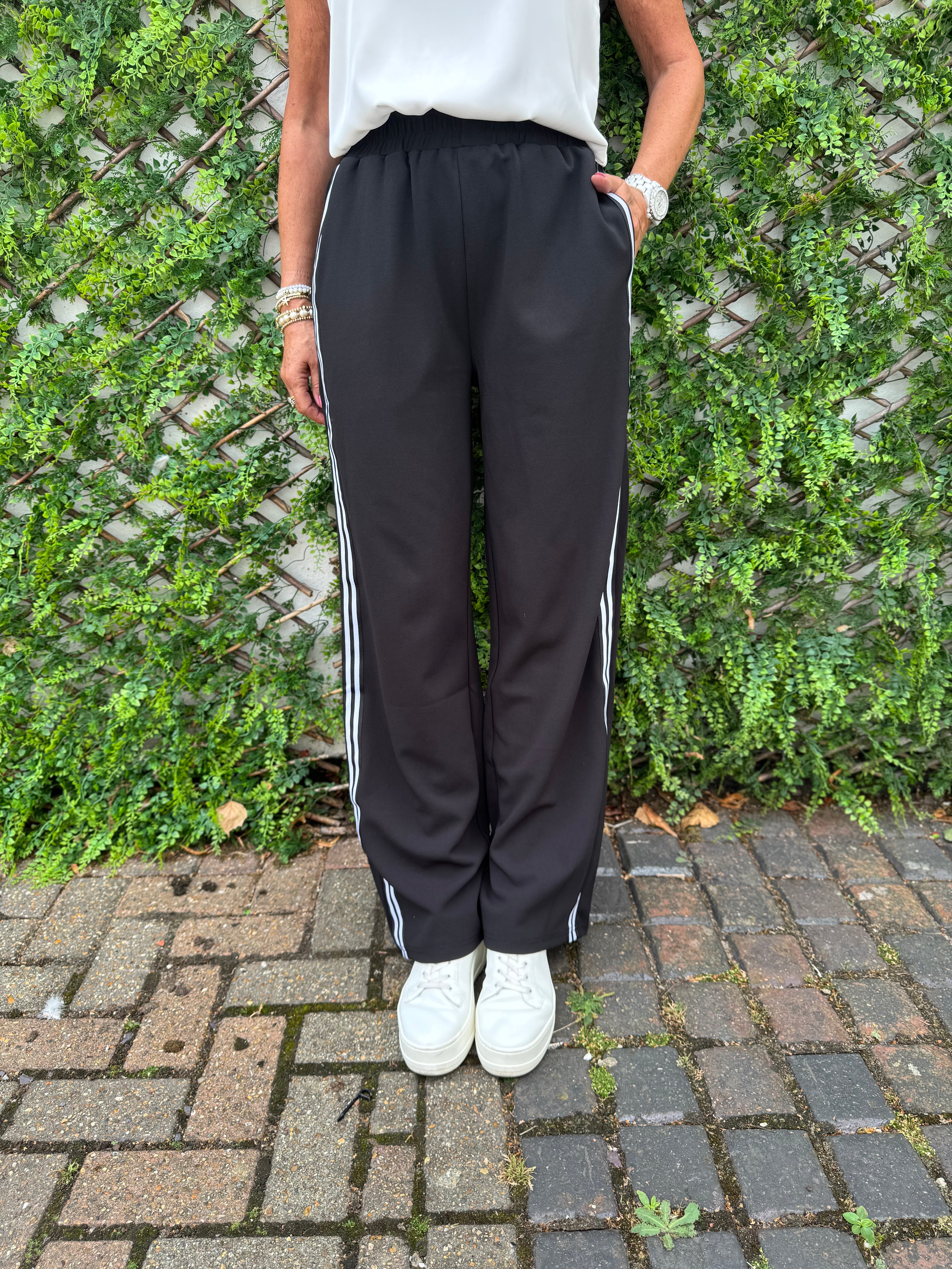 Wide Leg Crepe Trousers in Black with White Stripe