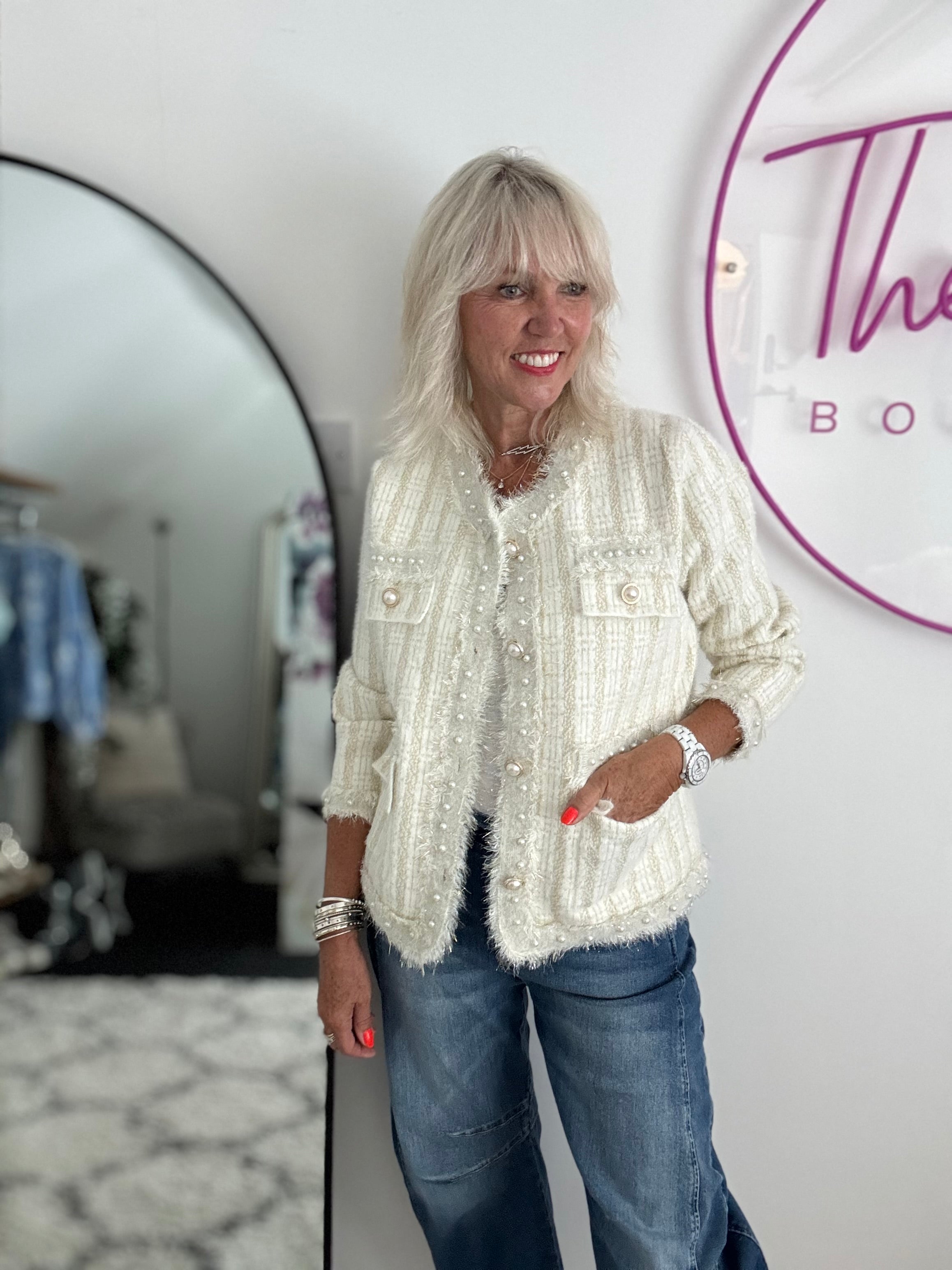 Pearl Button & Tweed Cardi Jacket in Ivory & Gold