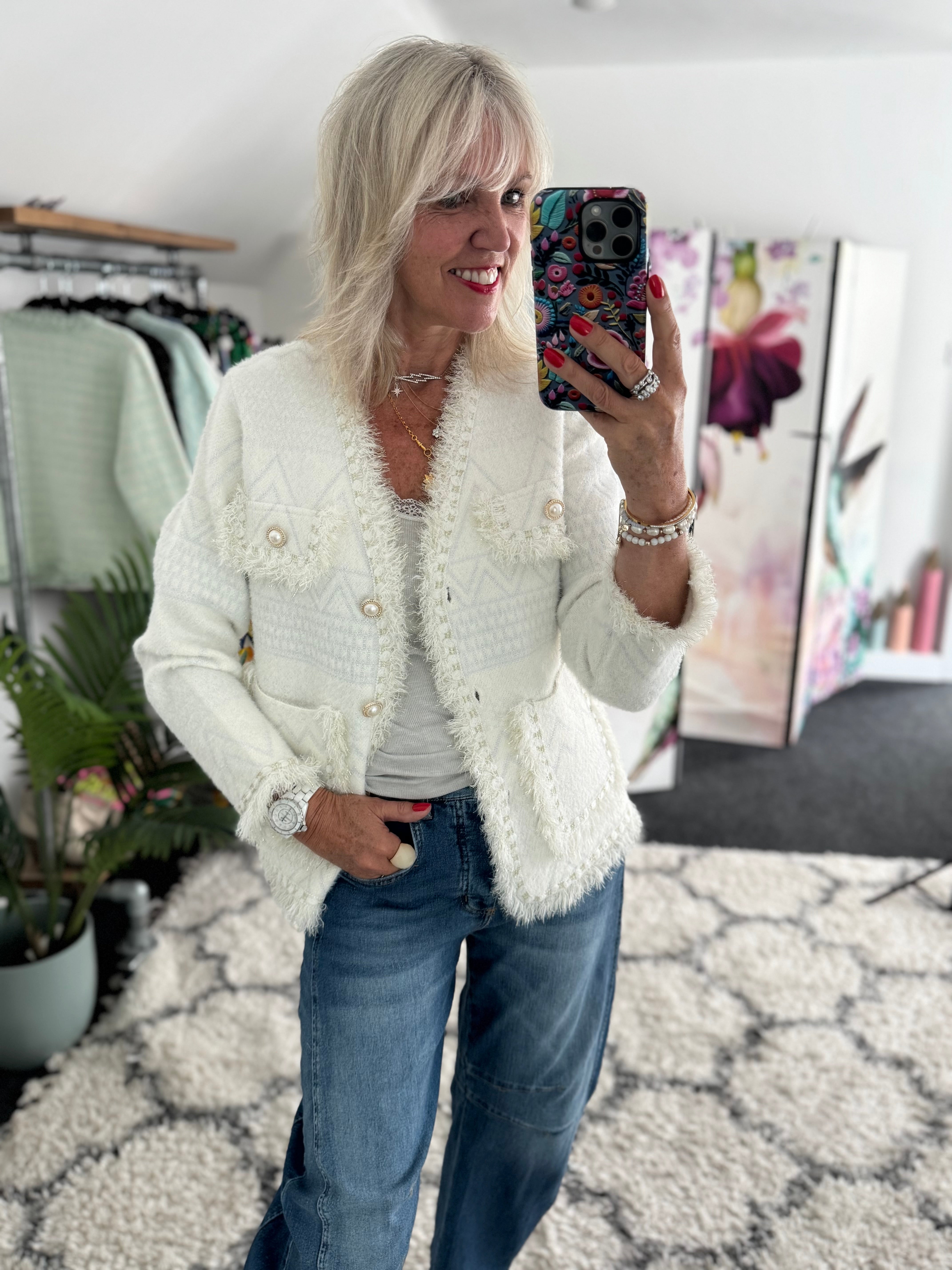 Pearl Button & Tweed Cardi Jacket in Ivory