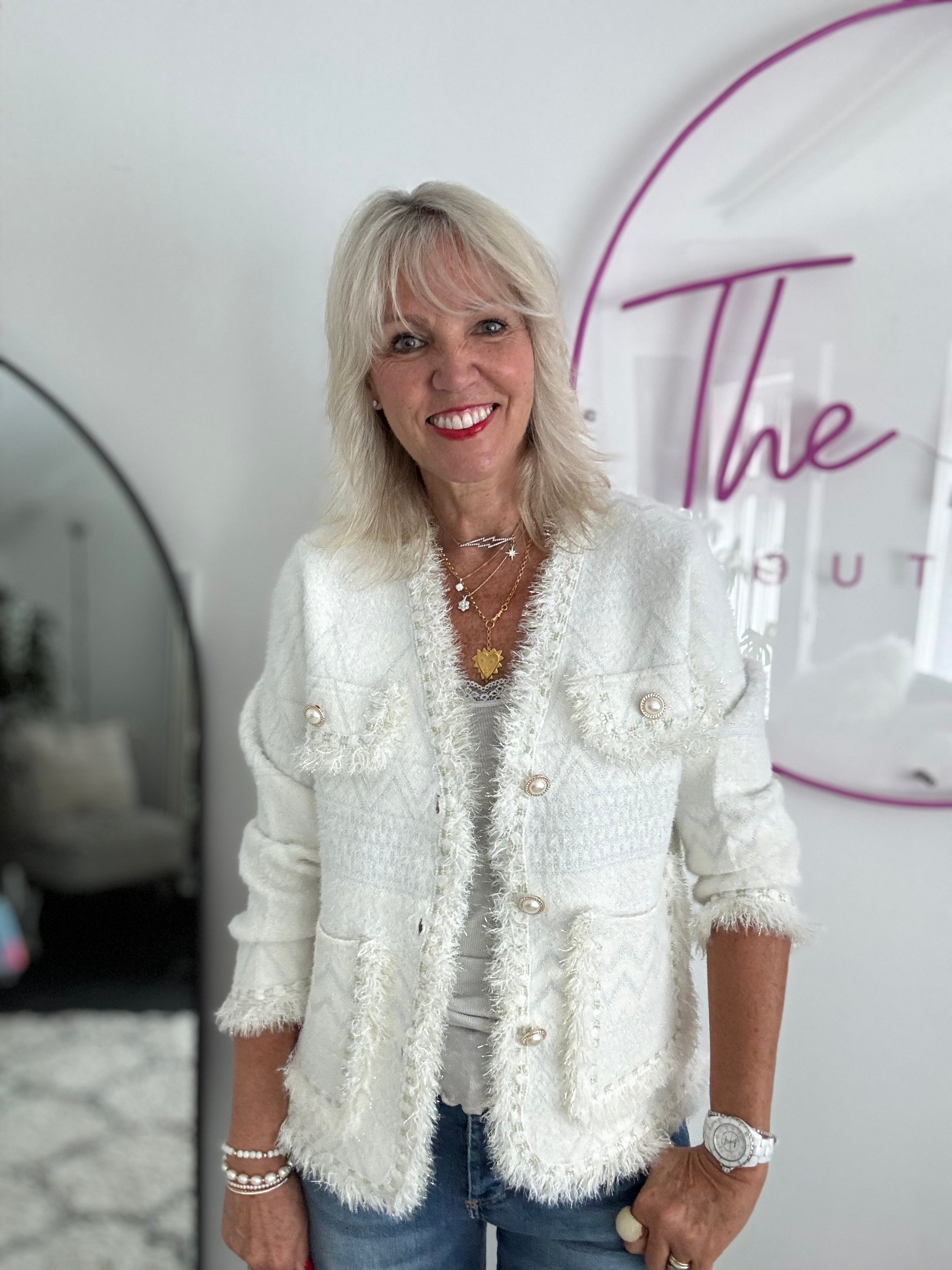 Pearl Button & Tweed Cardi Jacket in Ivory