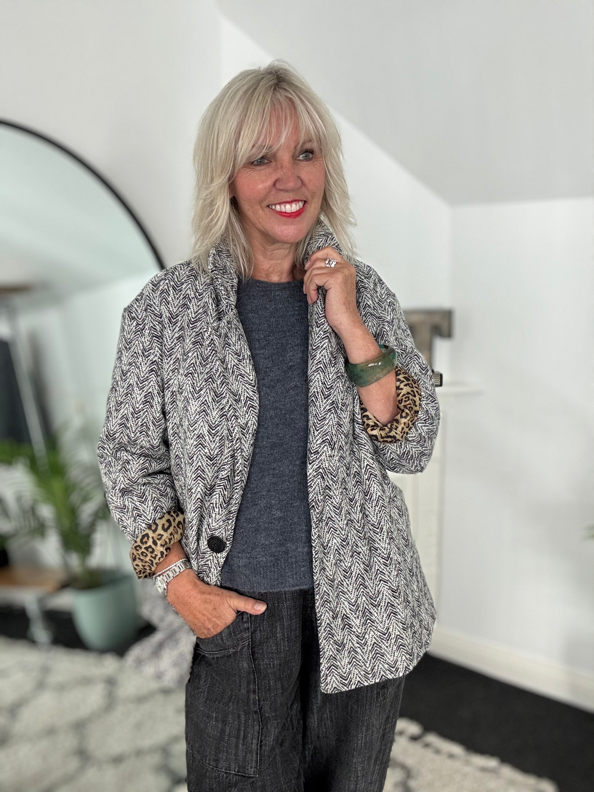 Grey Tweed Boyfriend Jacket with Leopard Lining