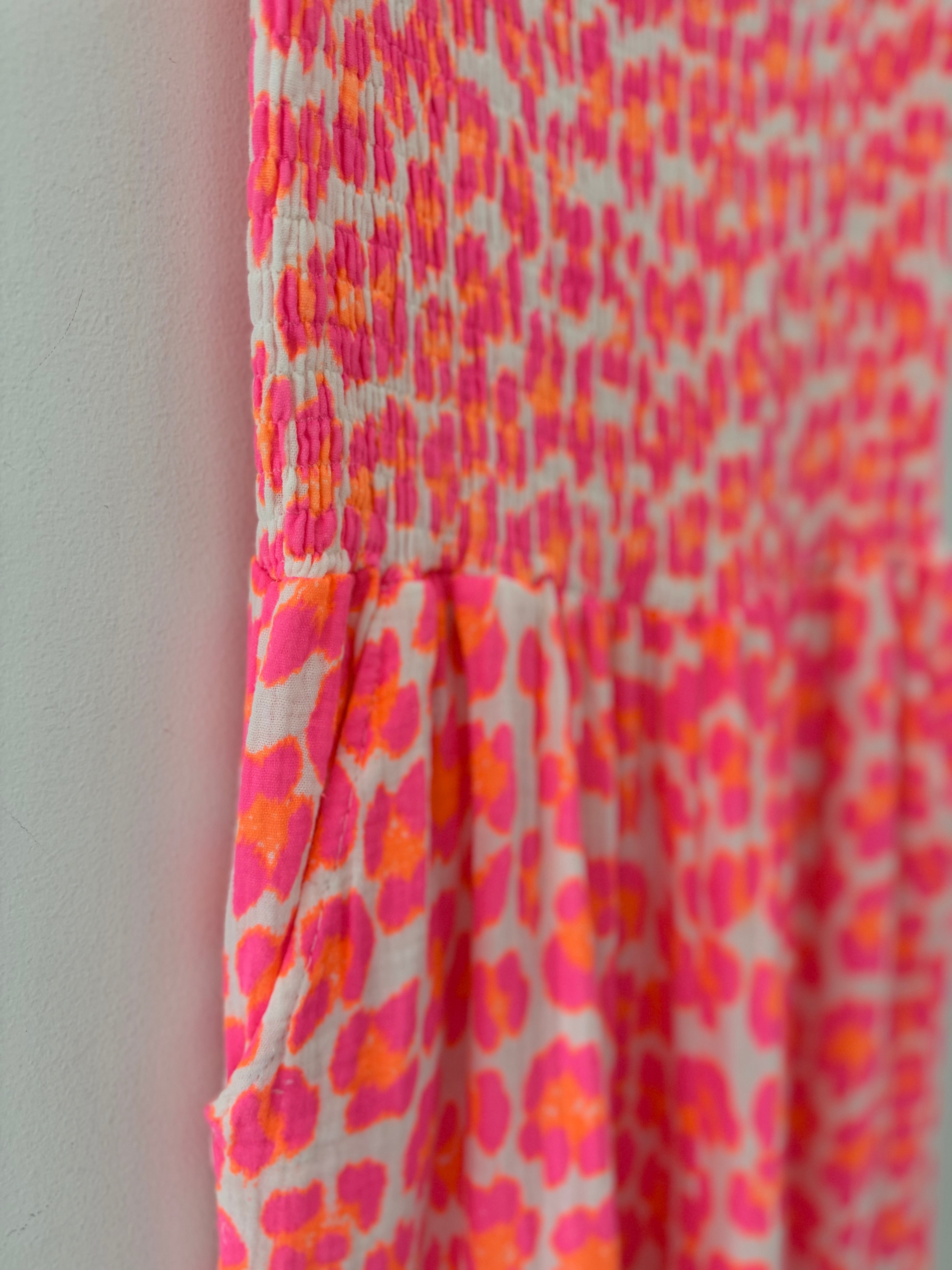 Bandeau Cheesecloth Jumpsuit in Neon Pink & Orange Leopard