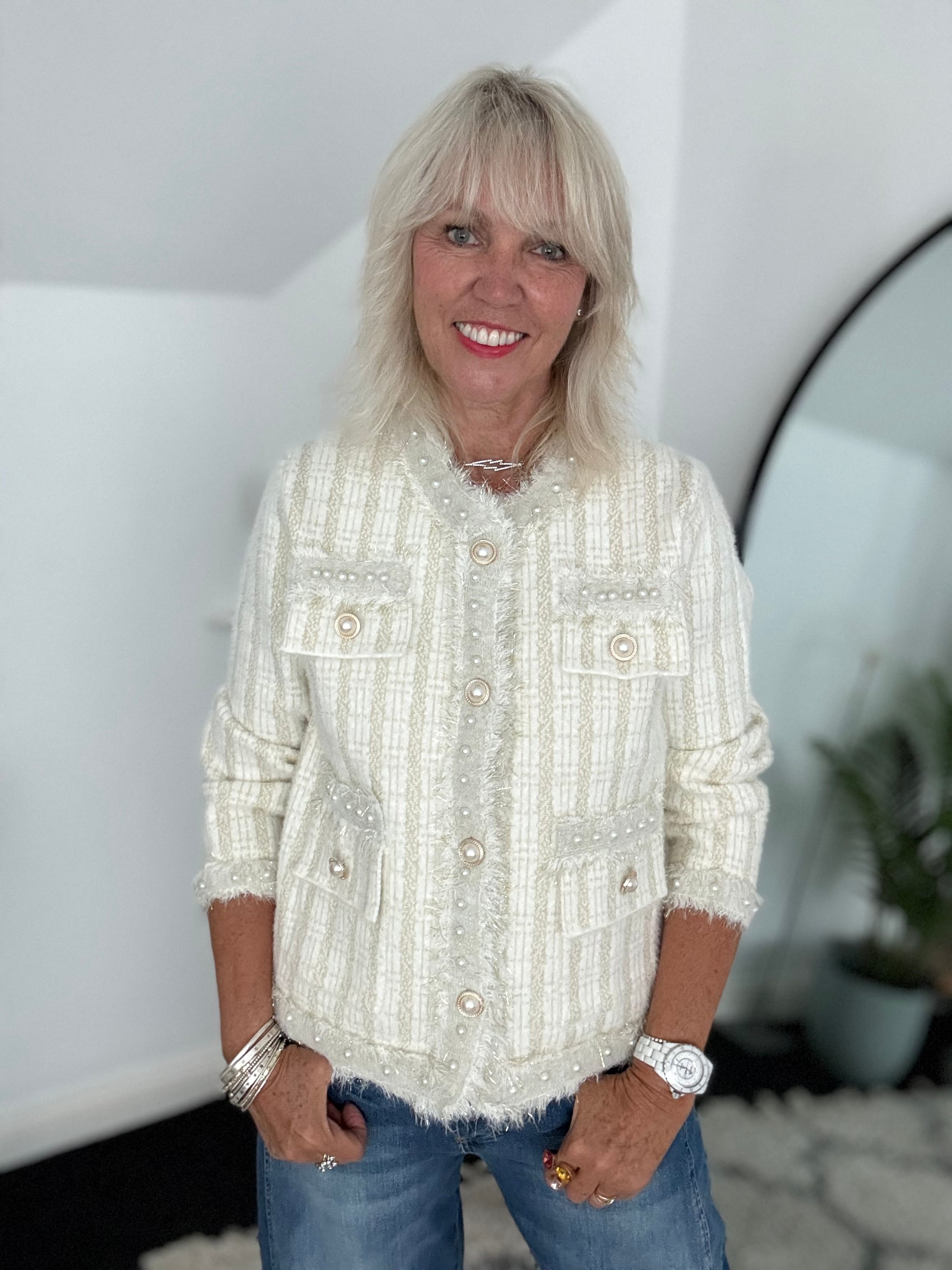 Pearl Button & Tweed Cardi Jacket in Ivory & Gold