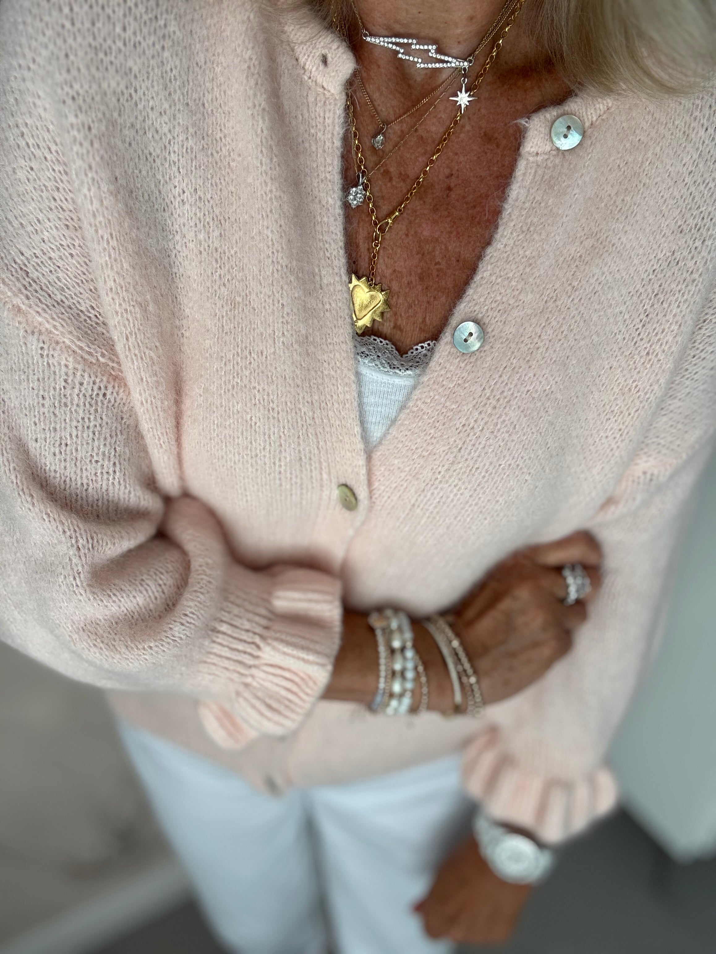 Alpaca Cardi with Frill Cuffs in Shell Pink