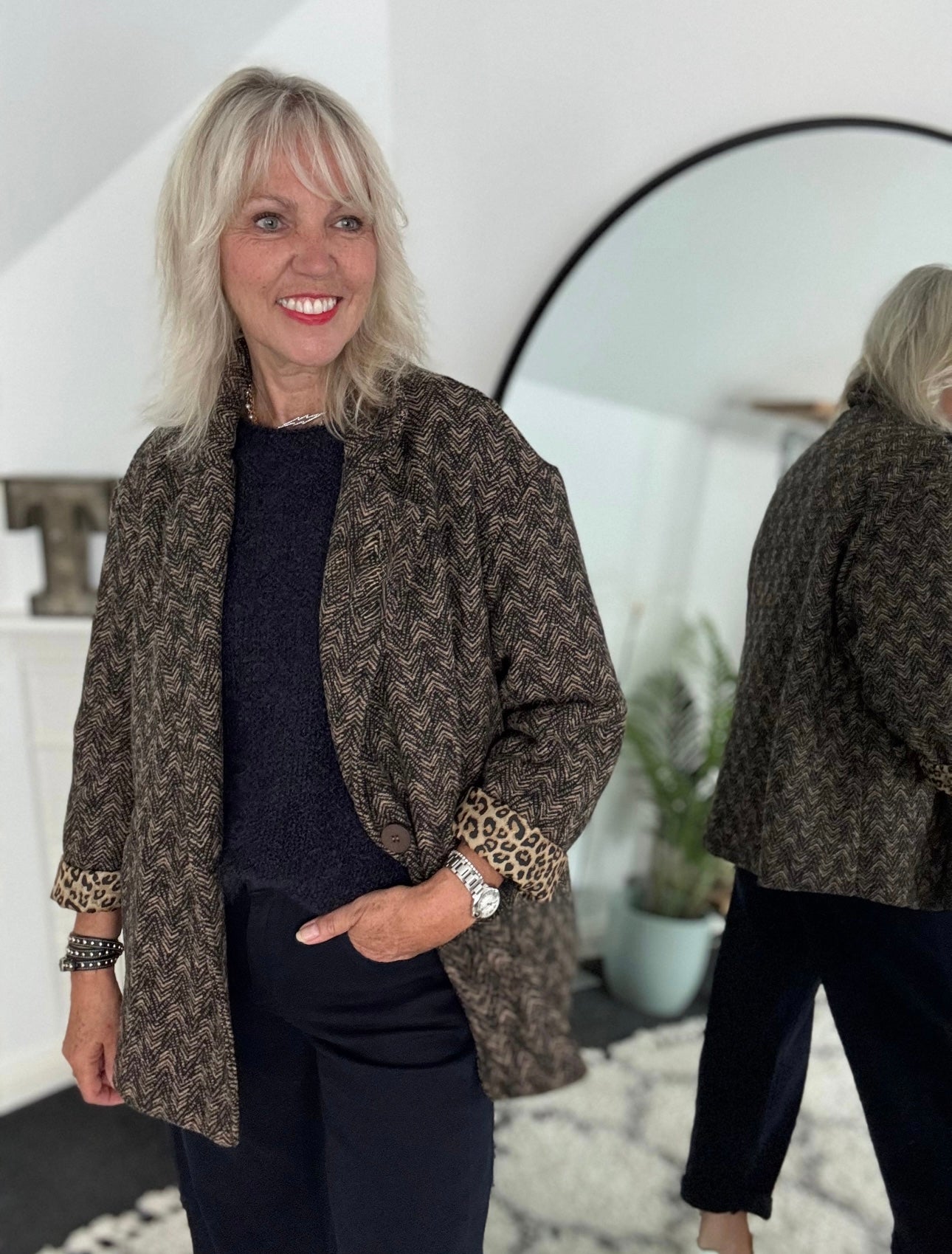 Brown Tweed Boyfriend Jacket with Leopard Lining