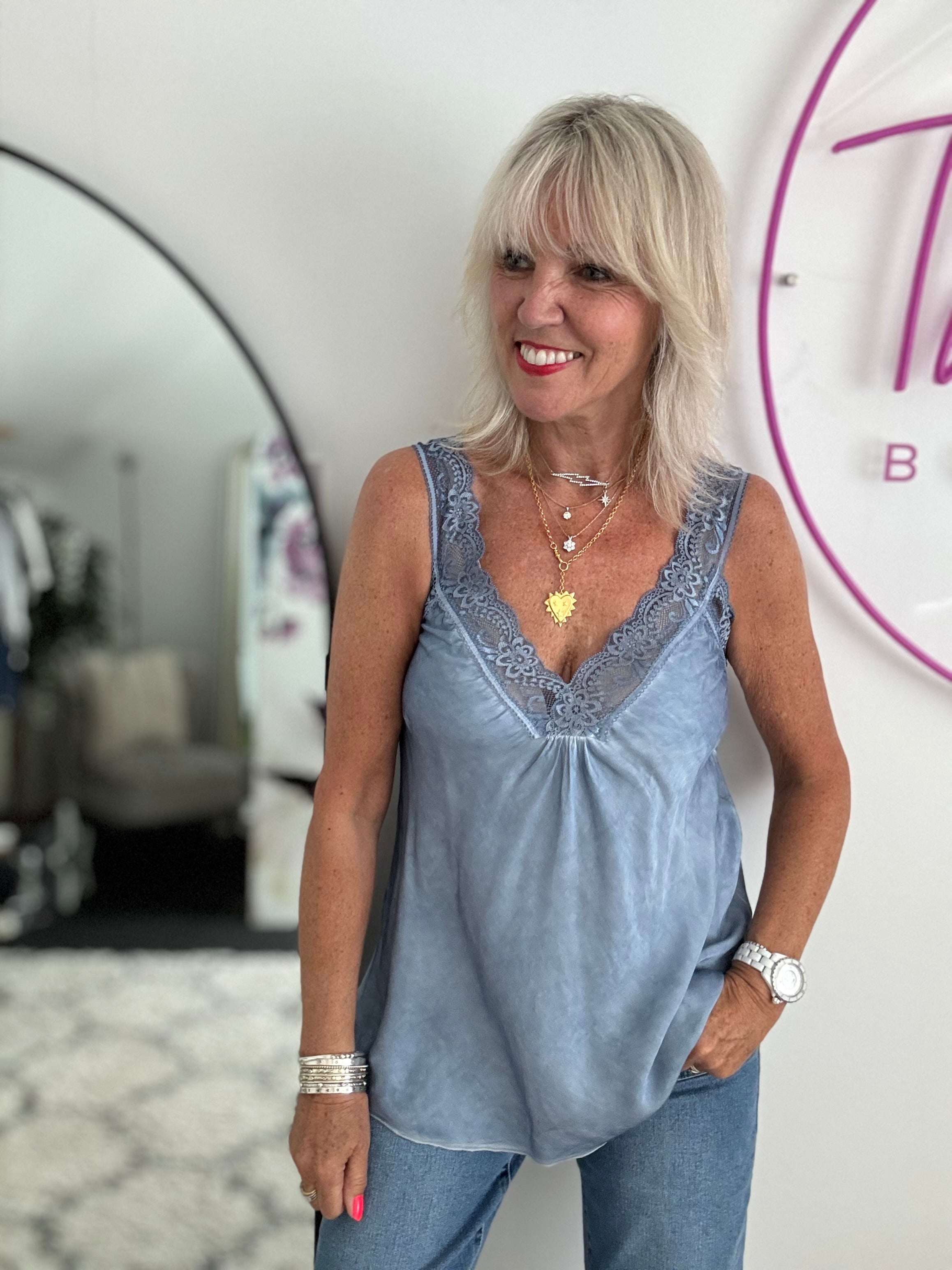 Lace Trim Silky Vest in Light Denim