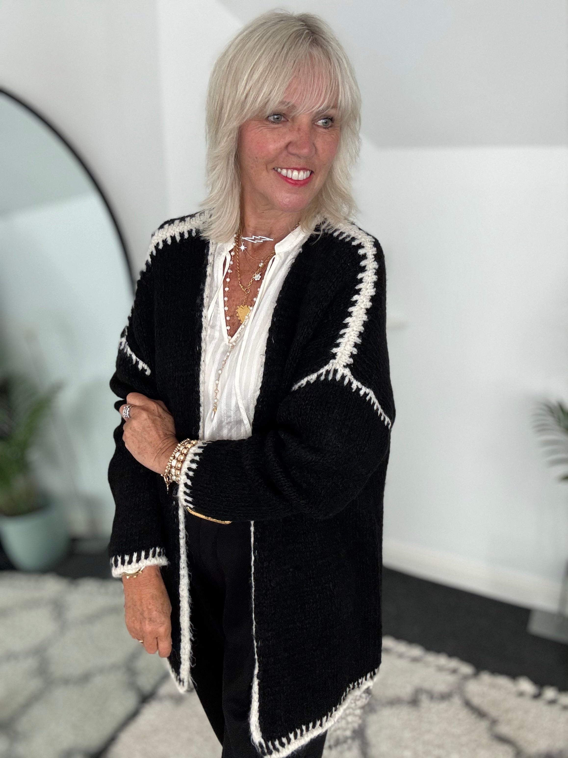 Whip Stitch Cardi in Black & Ecru