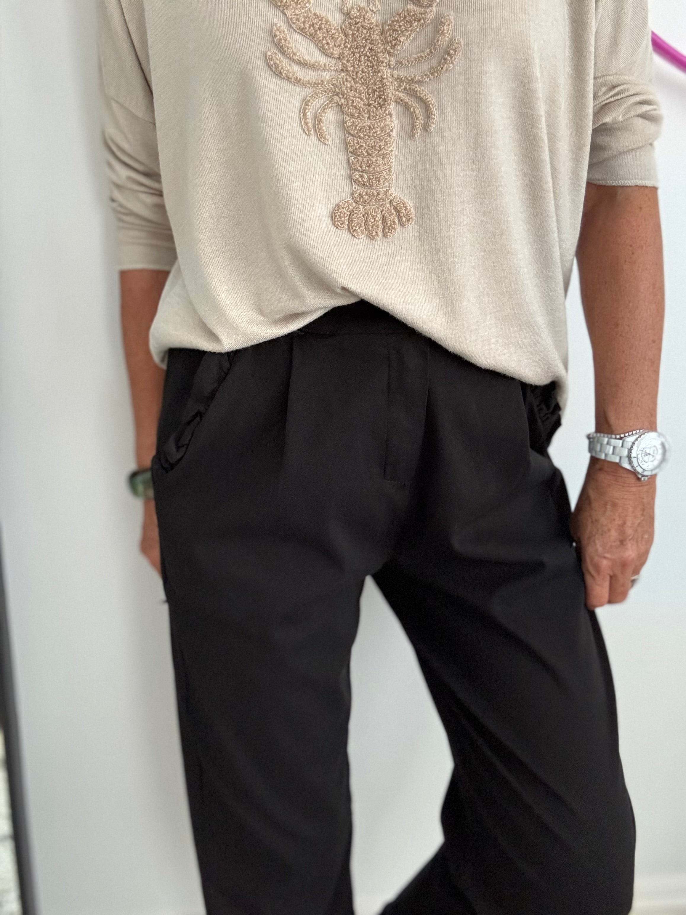 Luxe Stretch Trousers with Ruffle Pocket in Black