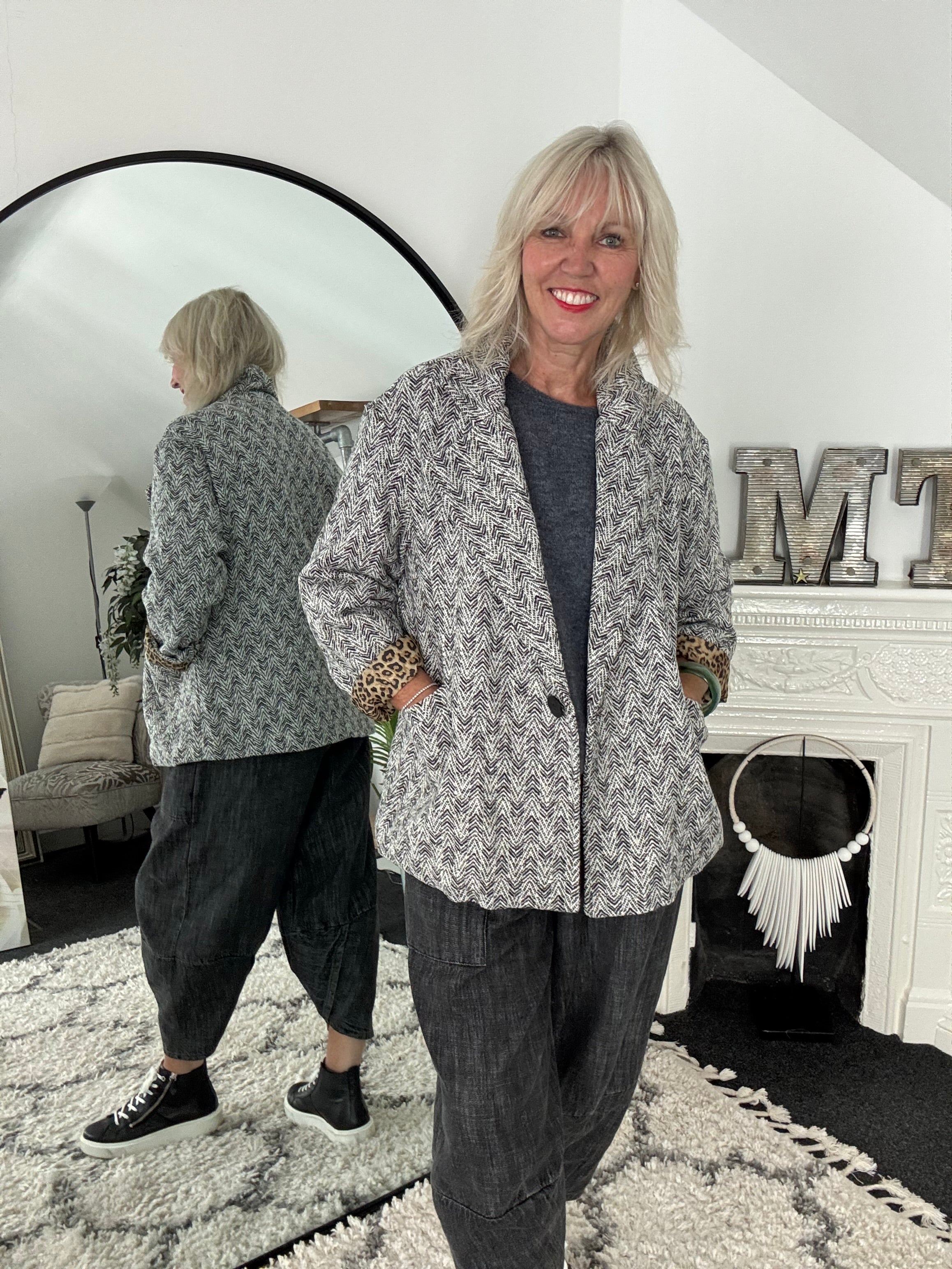 Grey Tweed Boyfriend Jacket with Leopard Lining