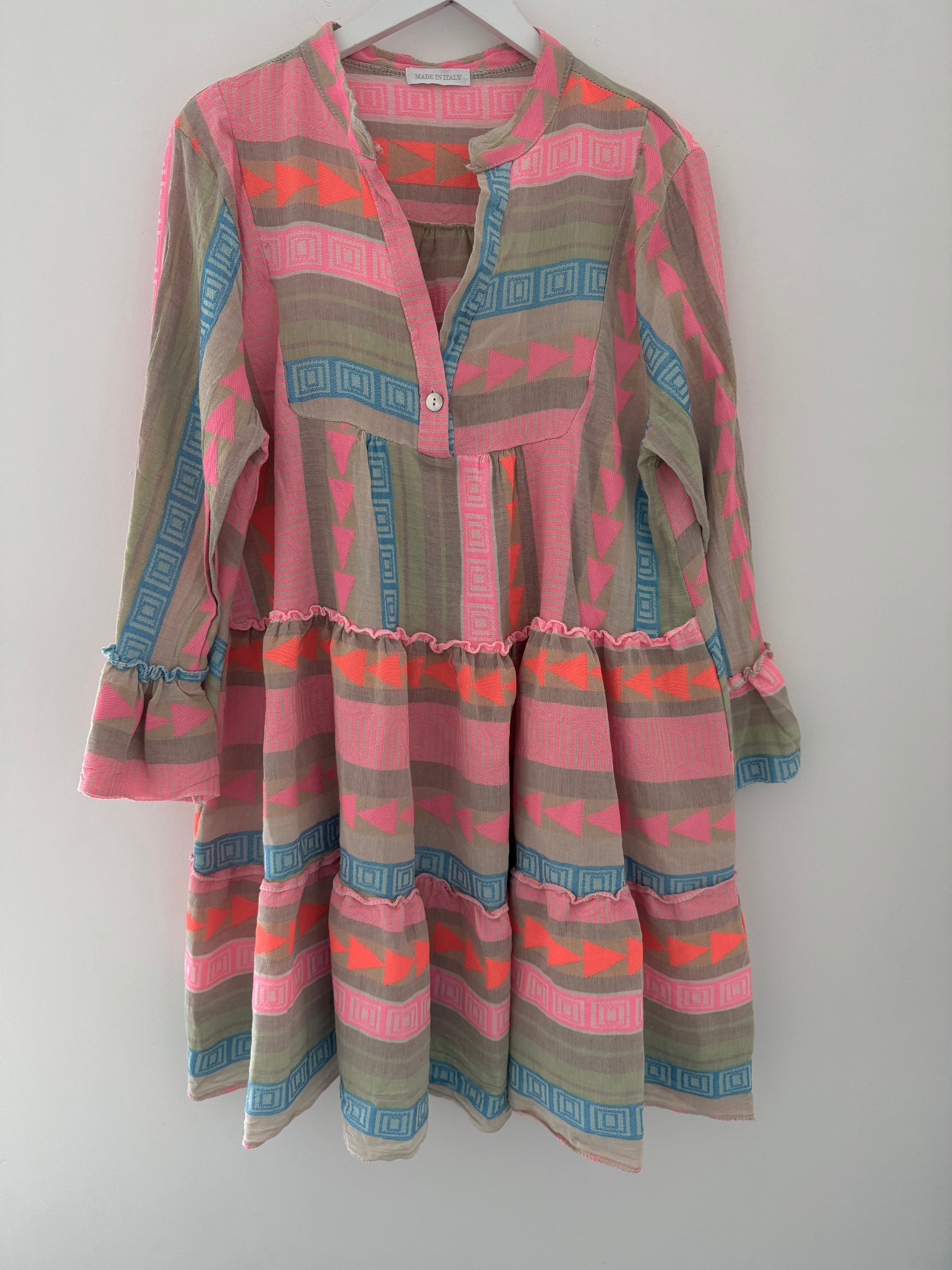 Embroidered Knee Length Dress in Khaki & Pink