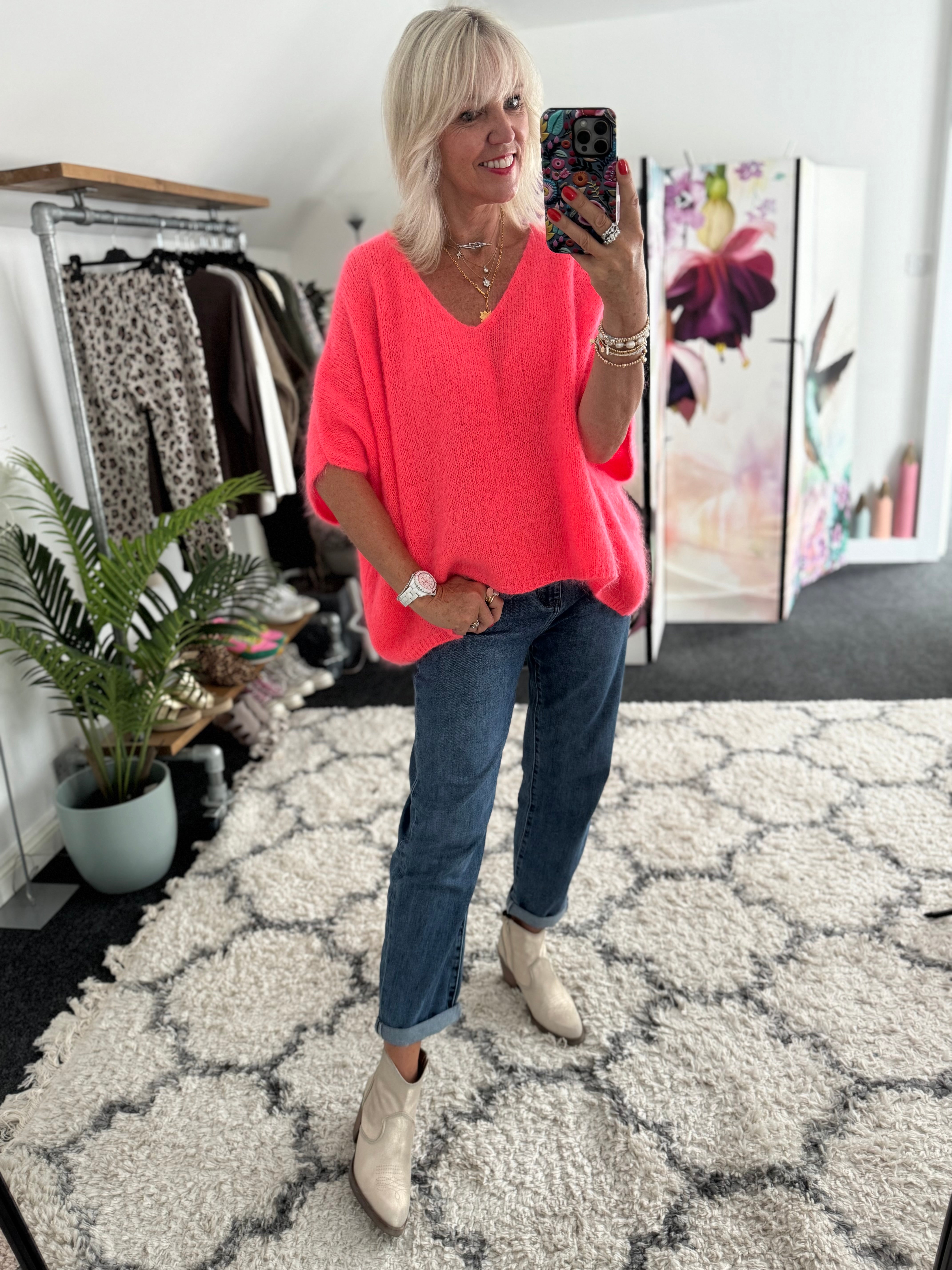 Oversized Mohair V Neck Tank in Neon Coral