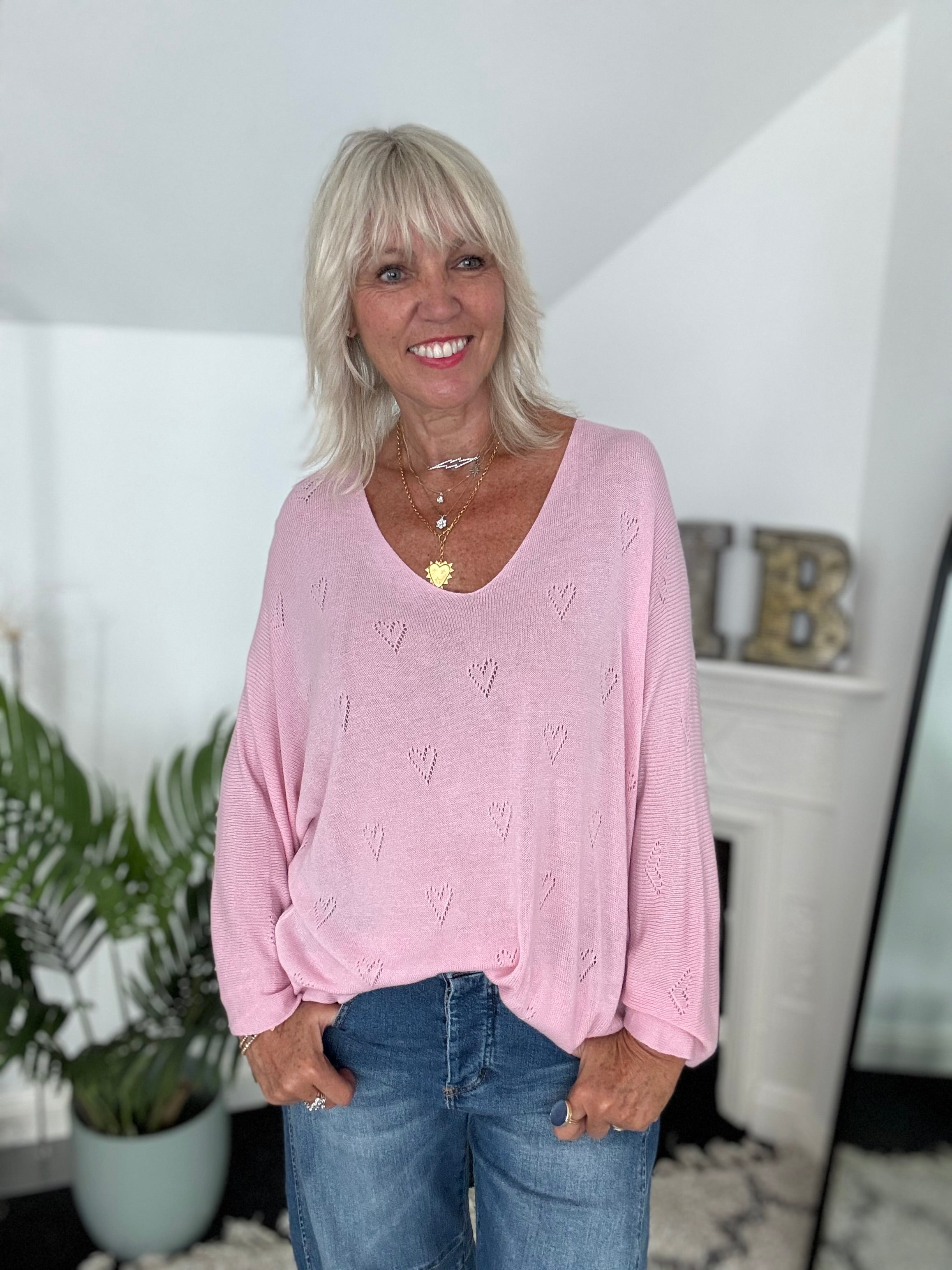 Lightweight Heart Jumper in Pink