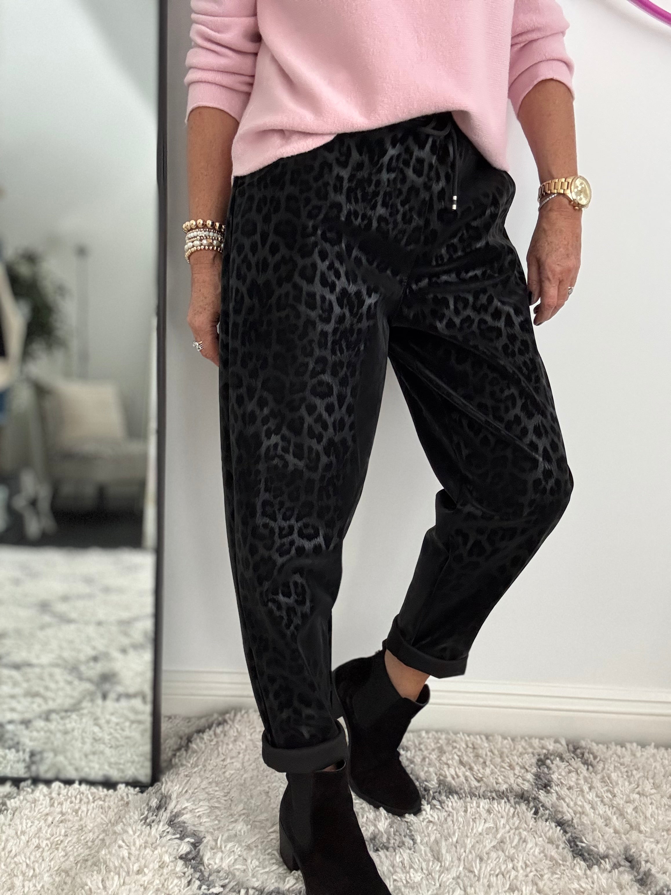 Faux Leather Leopard Print Joggers in Black