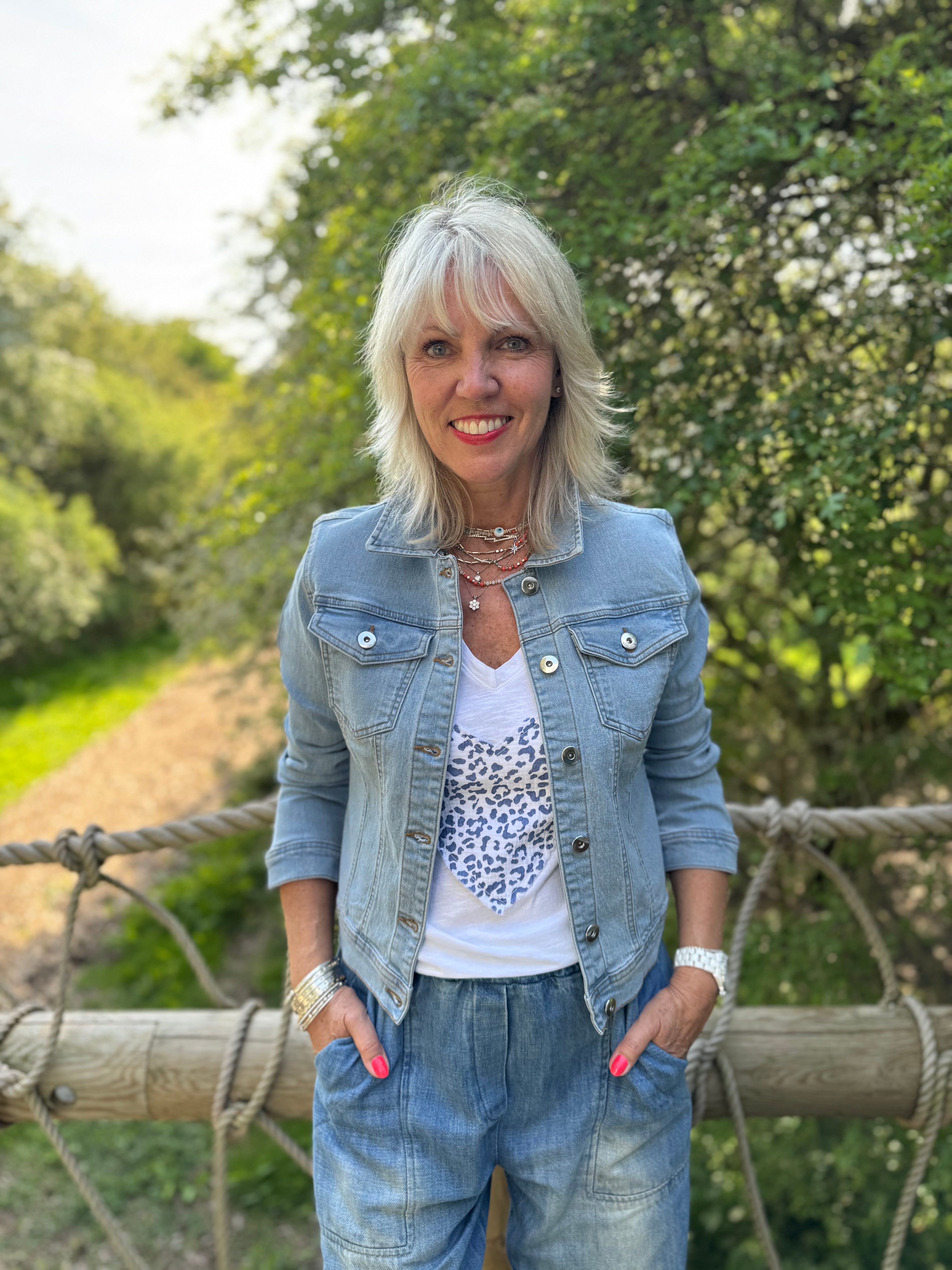 White Tee with Leopard Heart in Blue