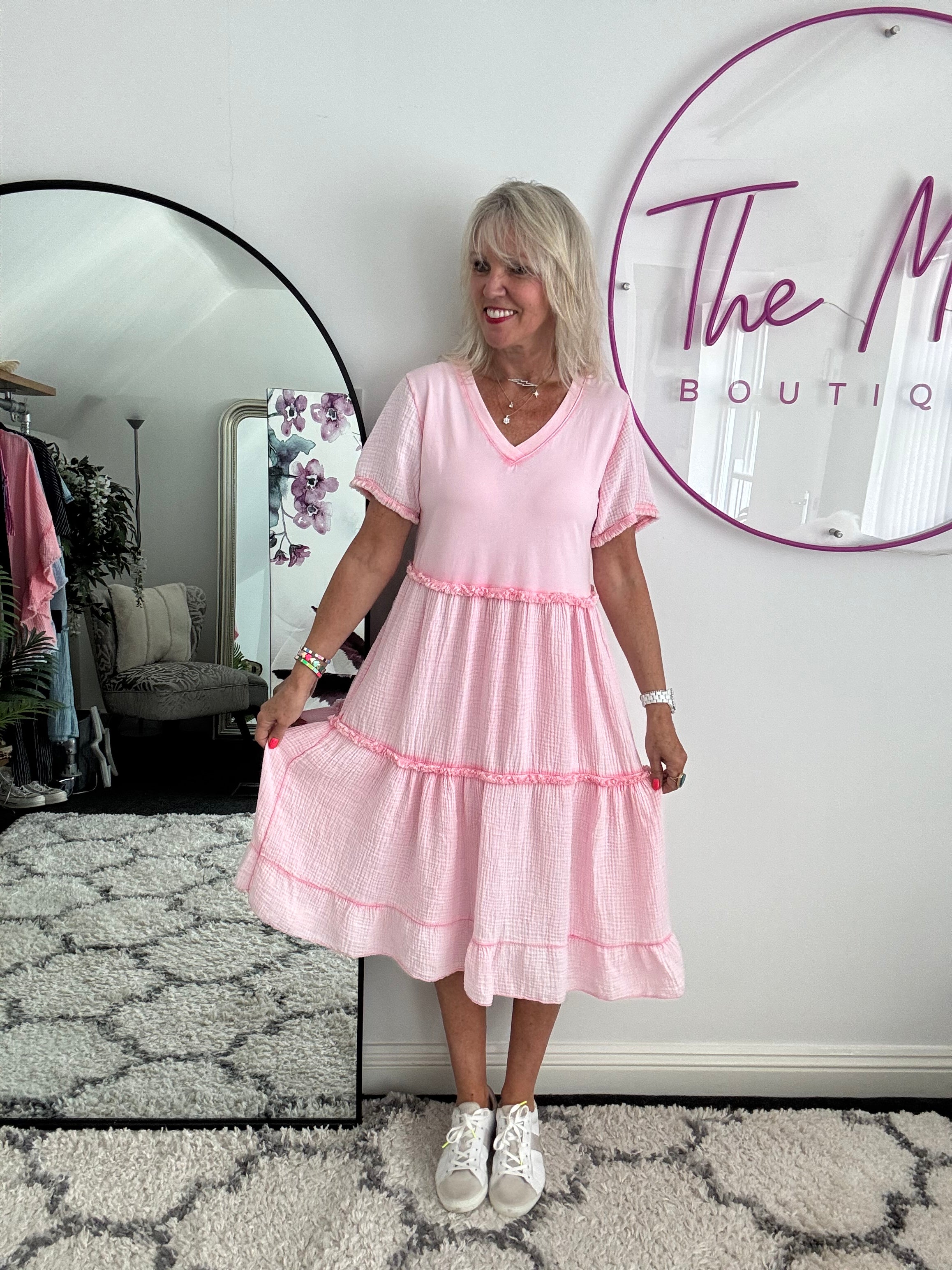 Tiered Cheesecloth Dress in Pink