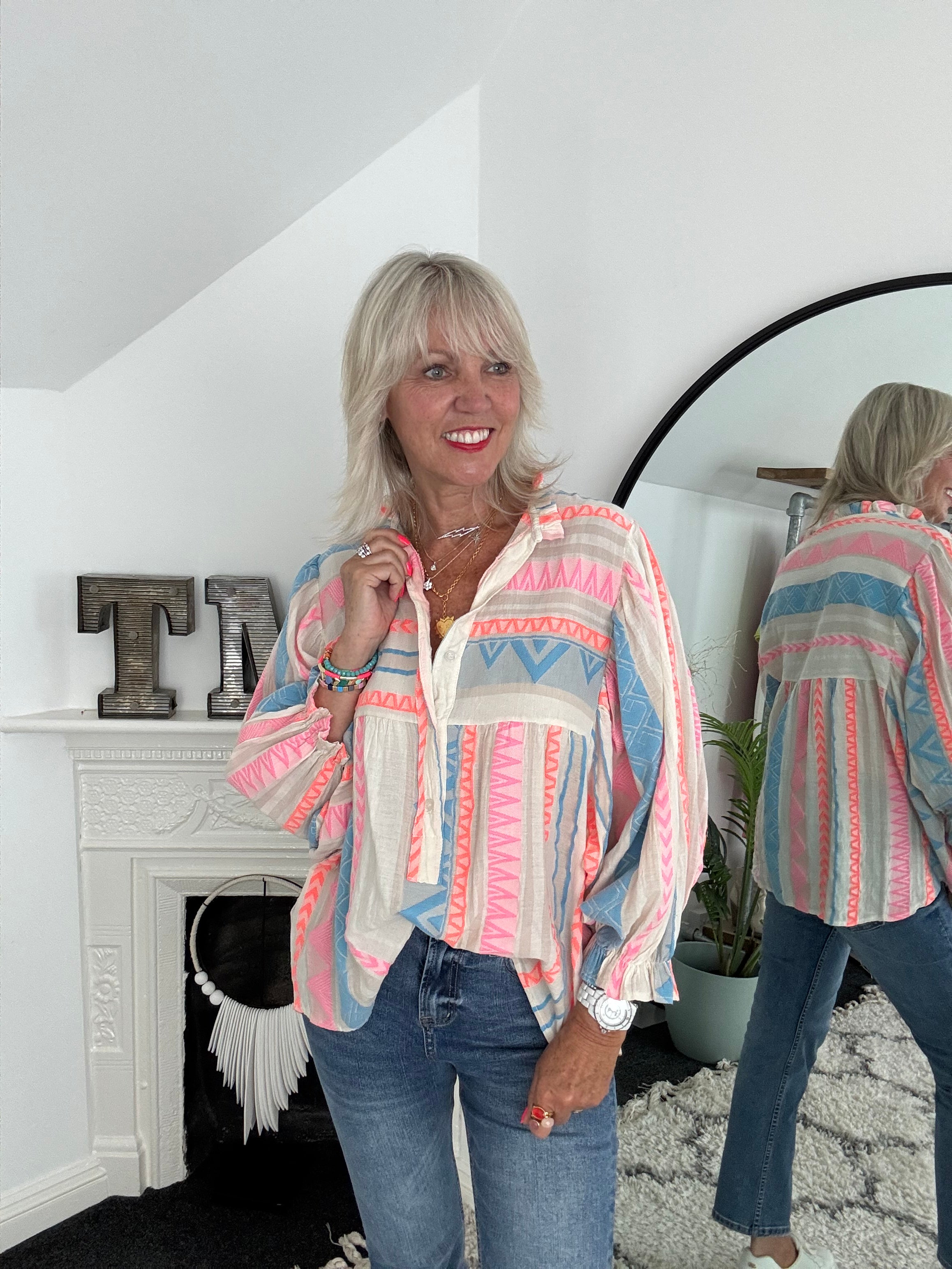 Embroidered Shirt in Blue & Pink