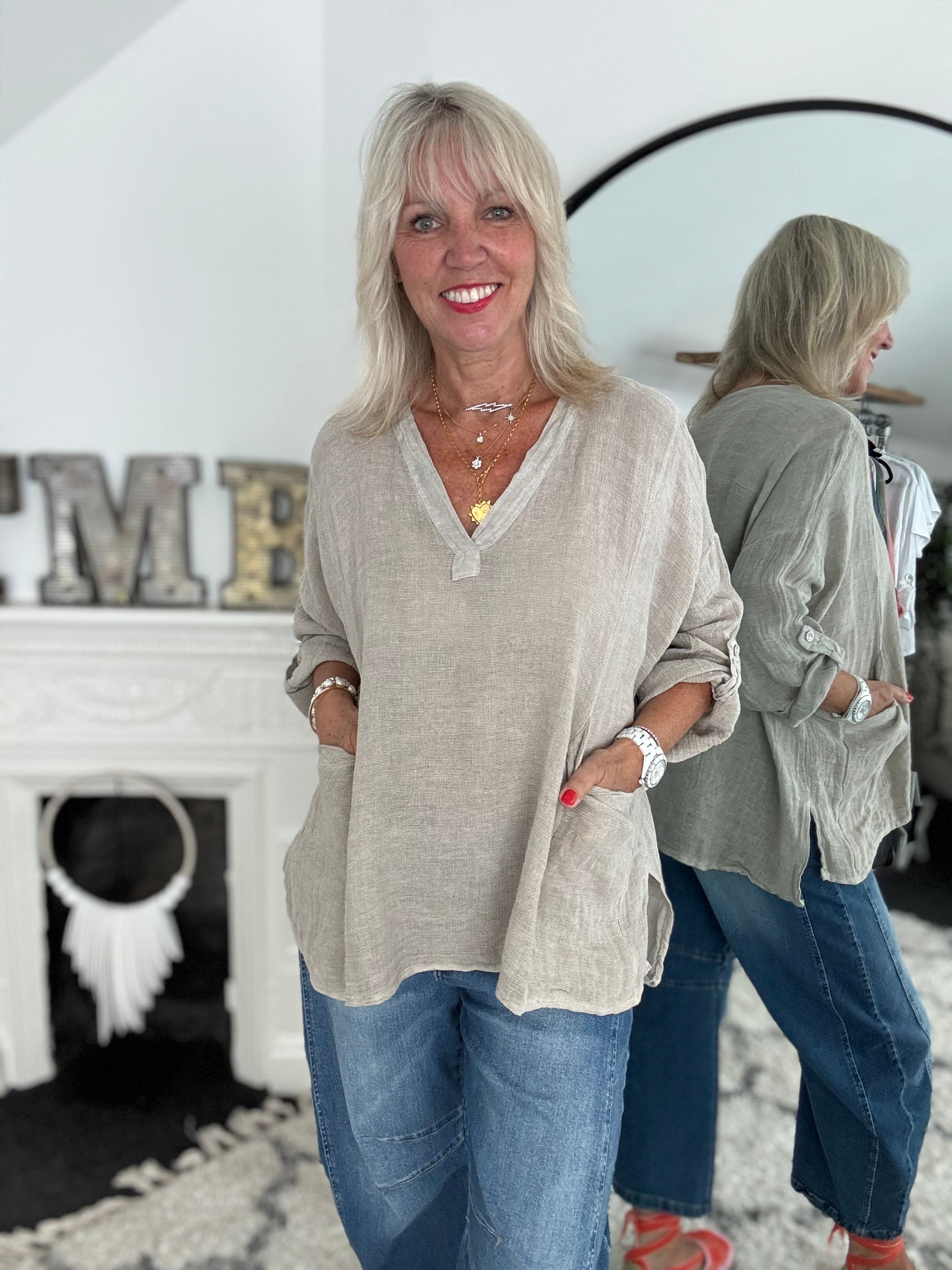 Oversized Linen & Cotton Pocket Top in Light Mocha