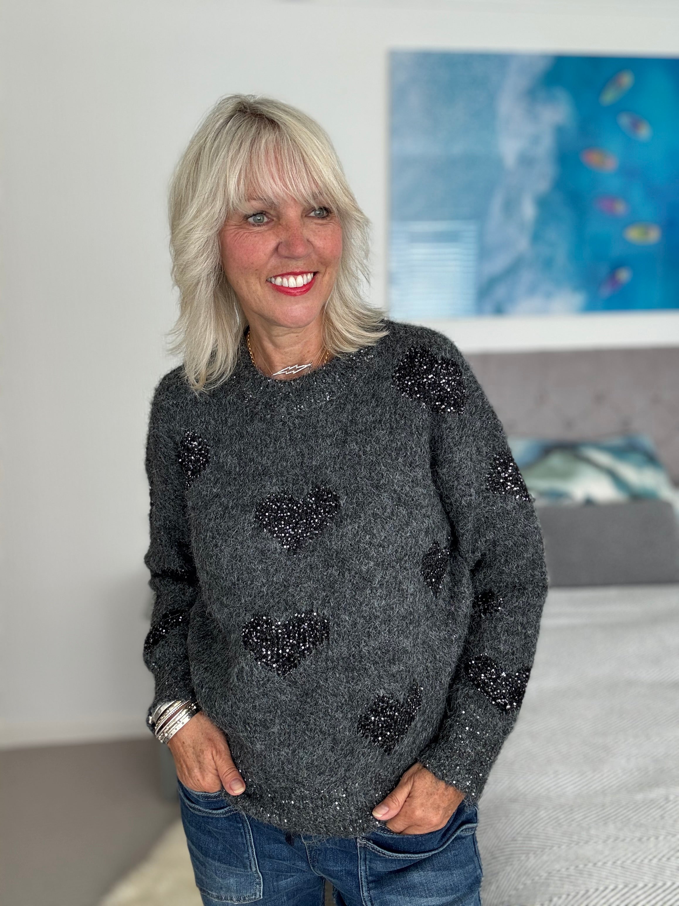 Sequin Heart Jumper in Charcoal