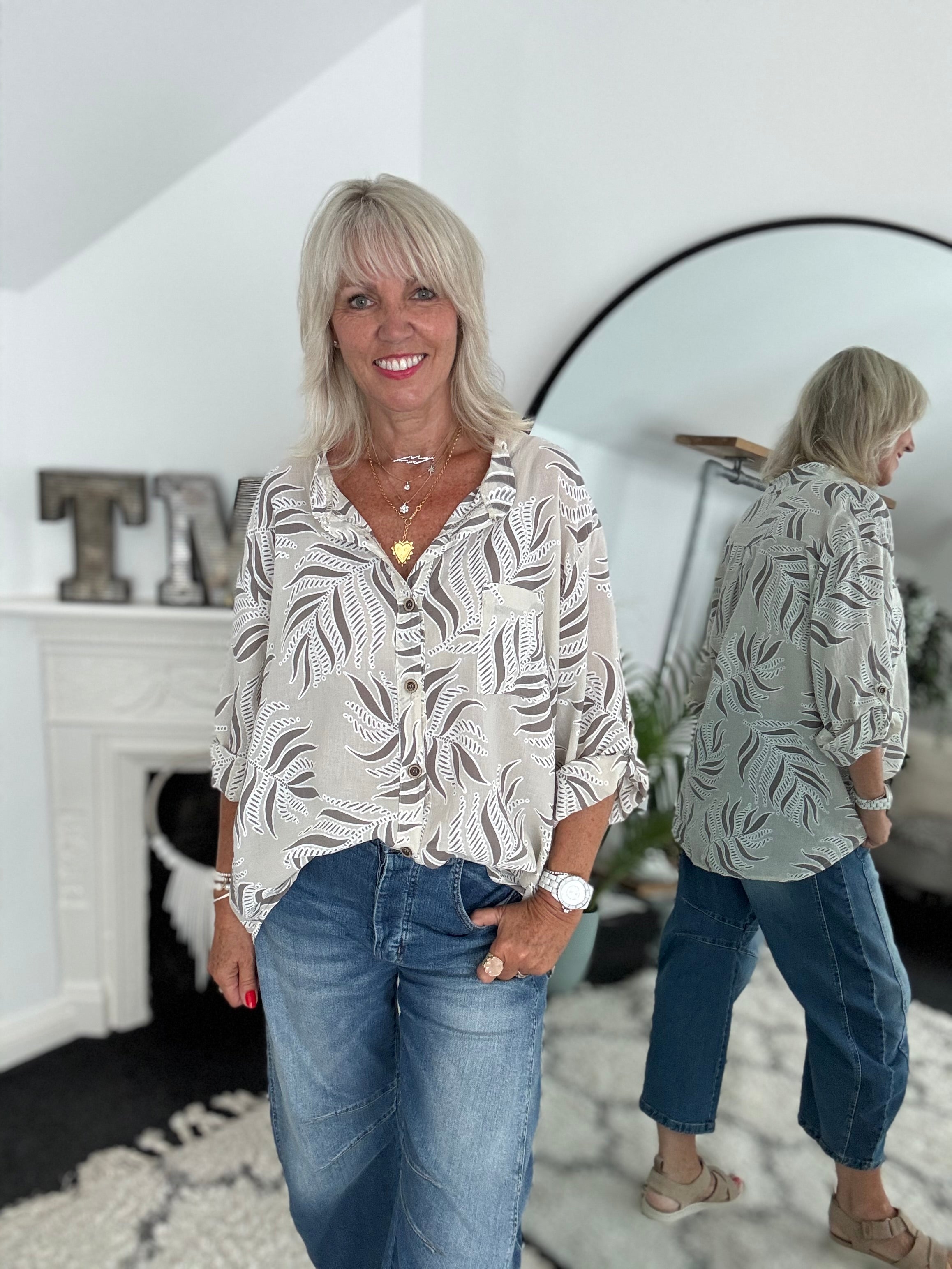 Fern Print Blouse in Stone