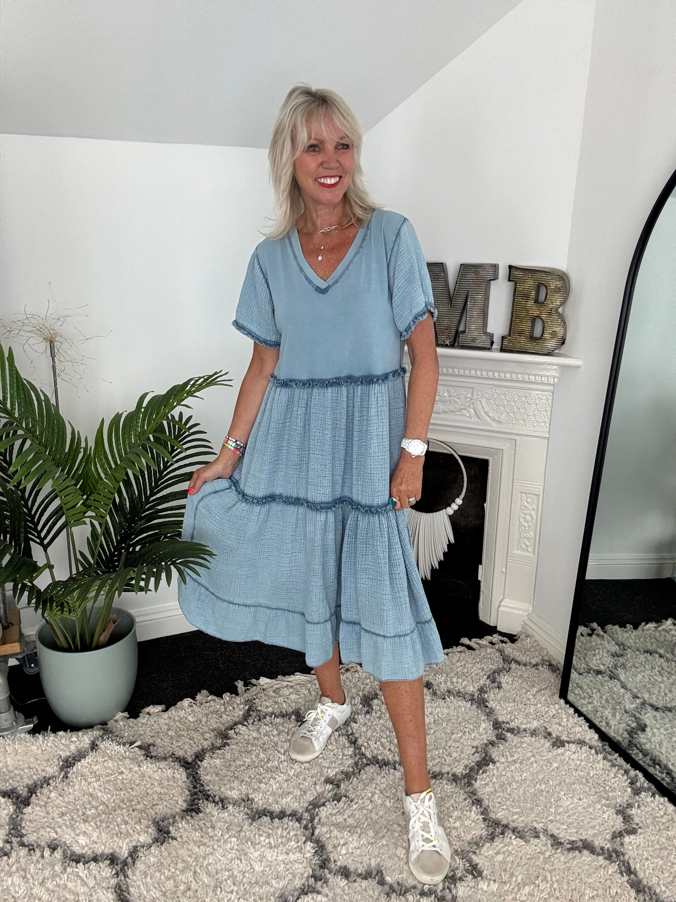 Tiered Cheesecloth Dress in Blue