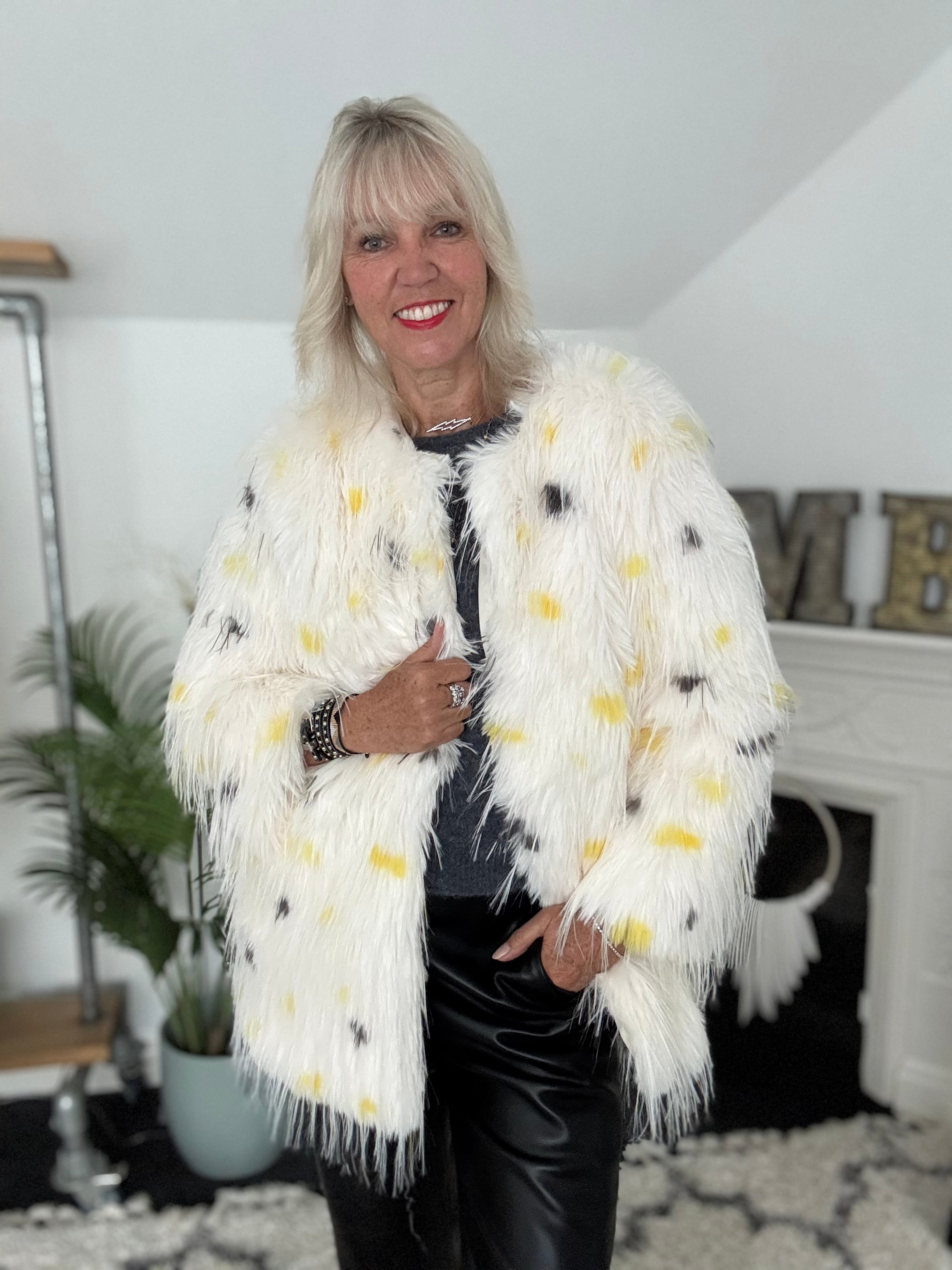 Faux Fur Spot Jacket in Yellow & Charcoal