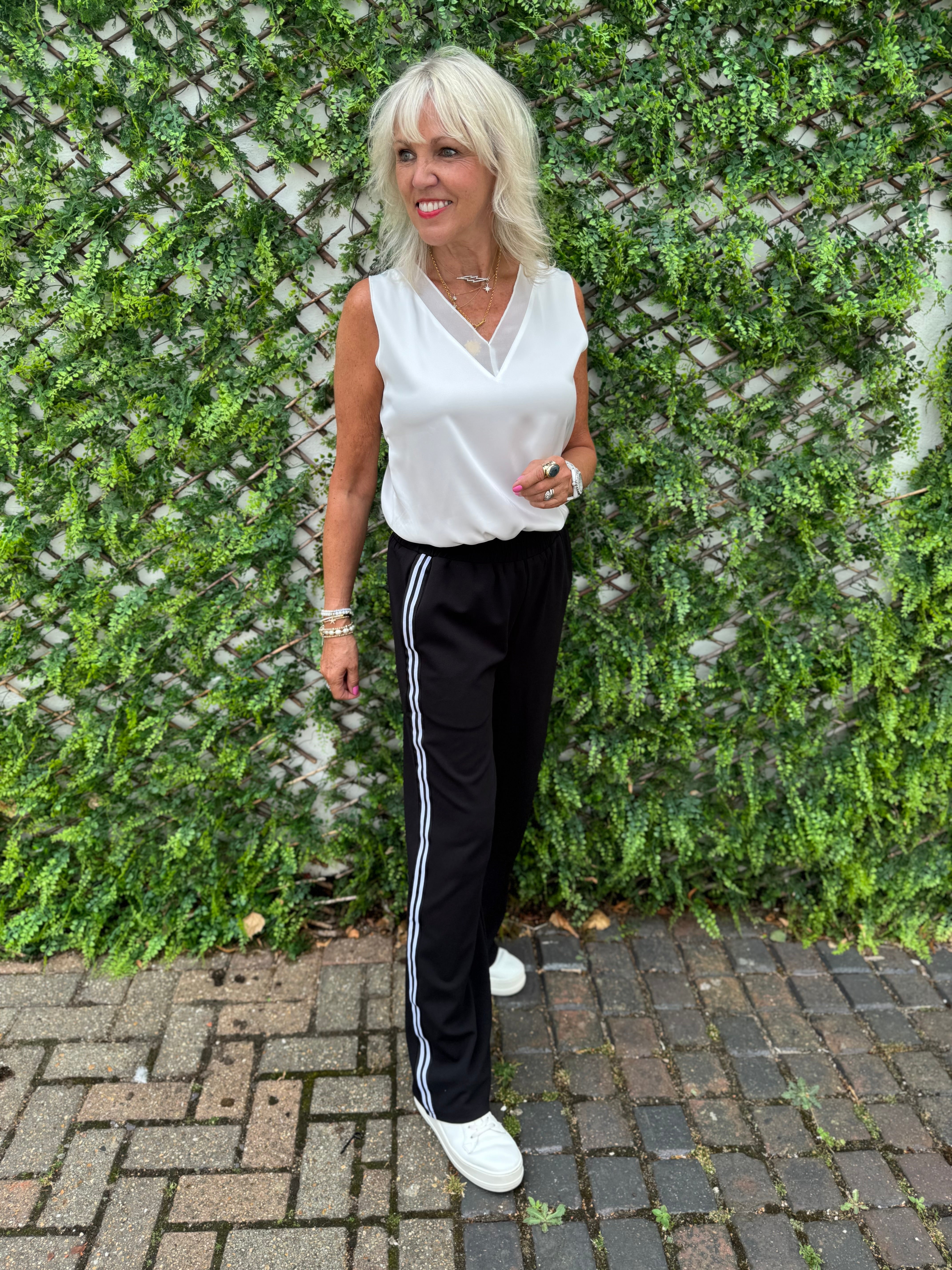 Wide Leg Crepe Trousers in Black with White Stripe