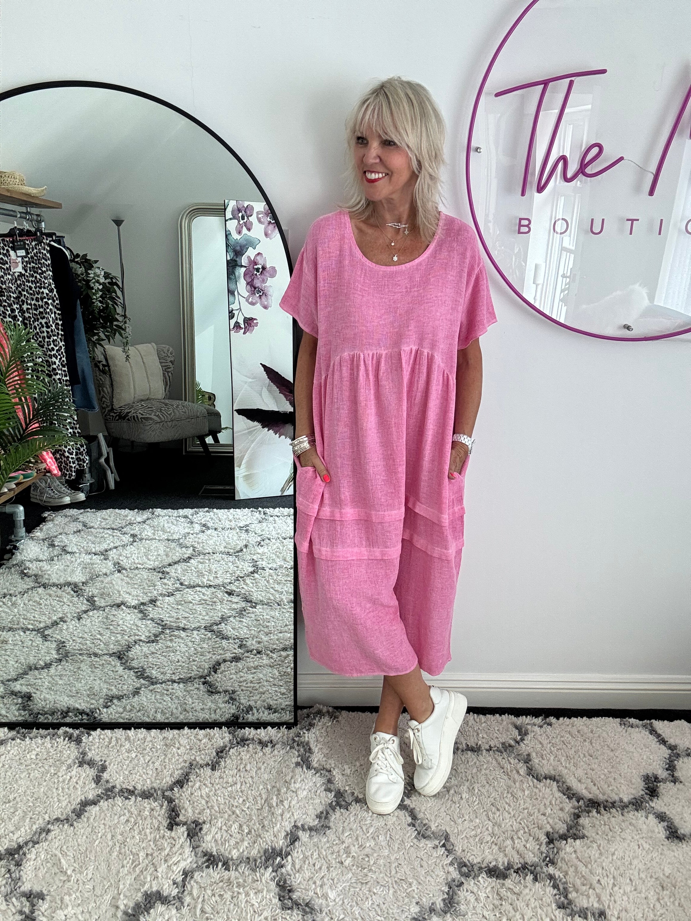 Cotton & Linen Cocoon Dress in Candy Pink