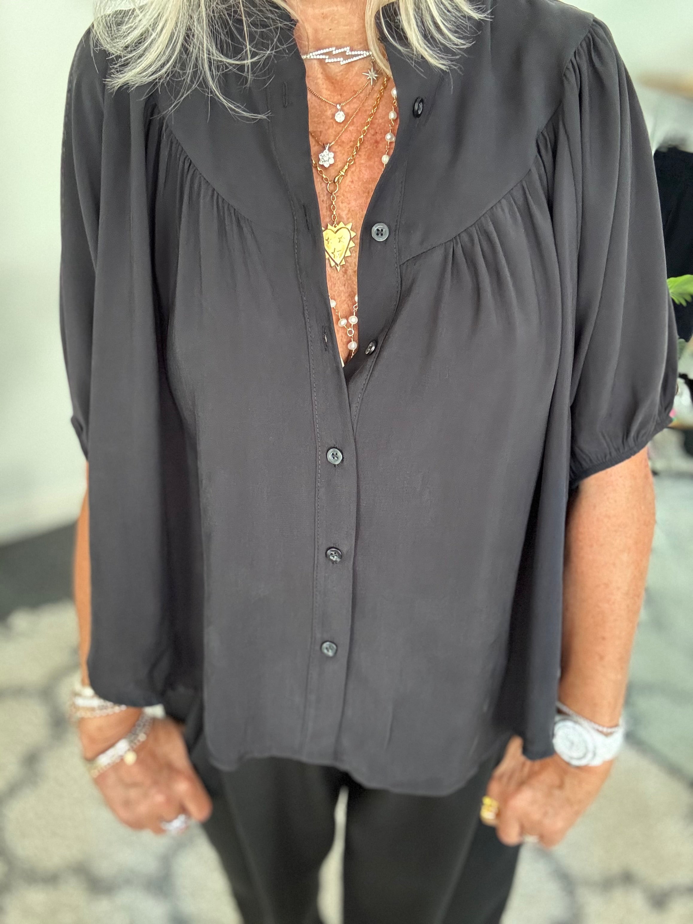 Luxe Gathered Yoke Blouse in Black