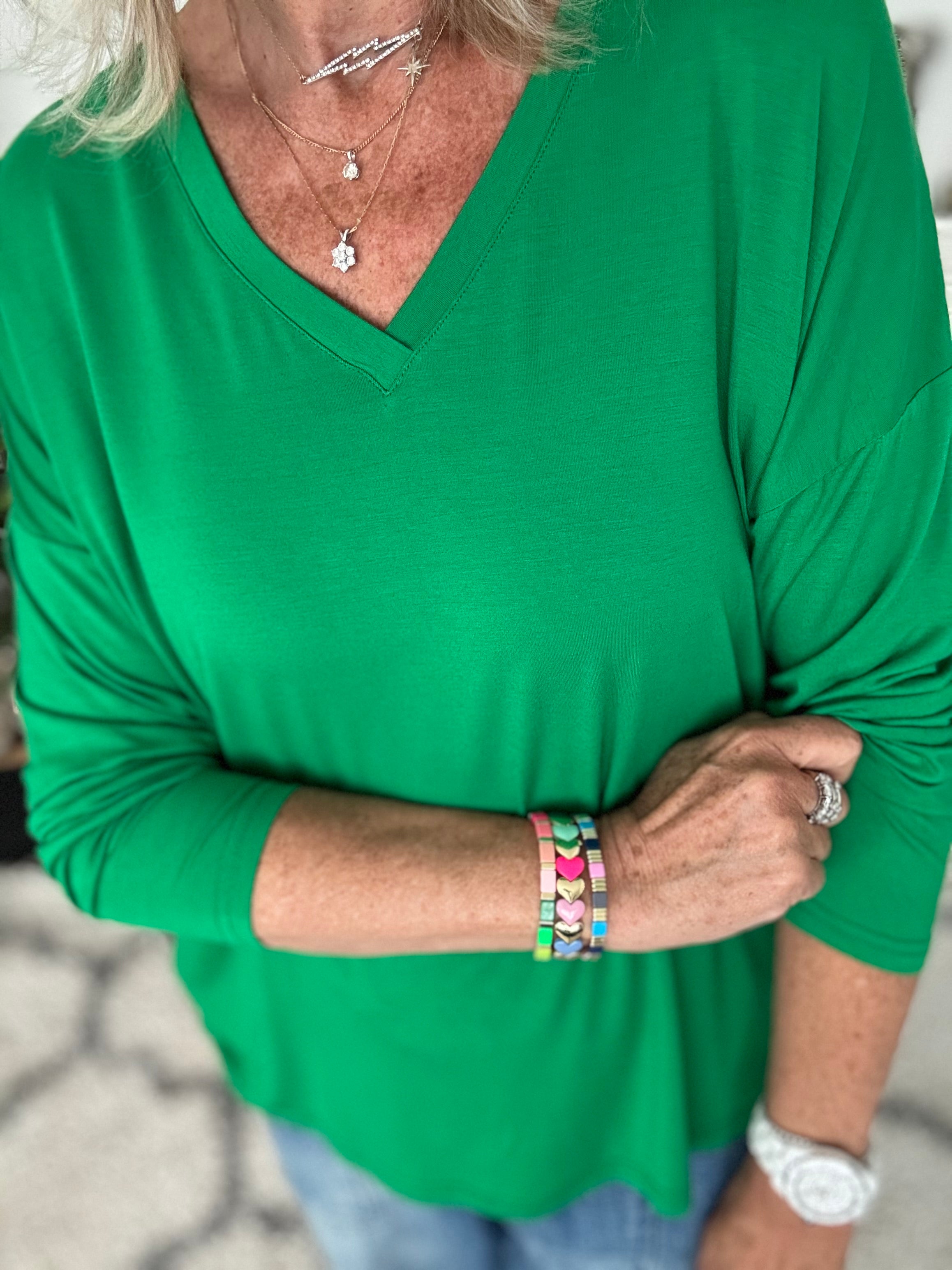 Bamboo Jersey V Neck Top in Emerald