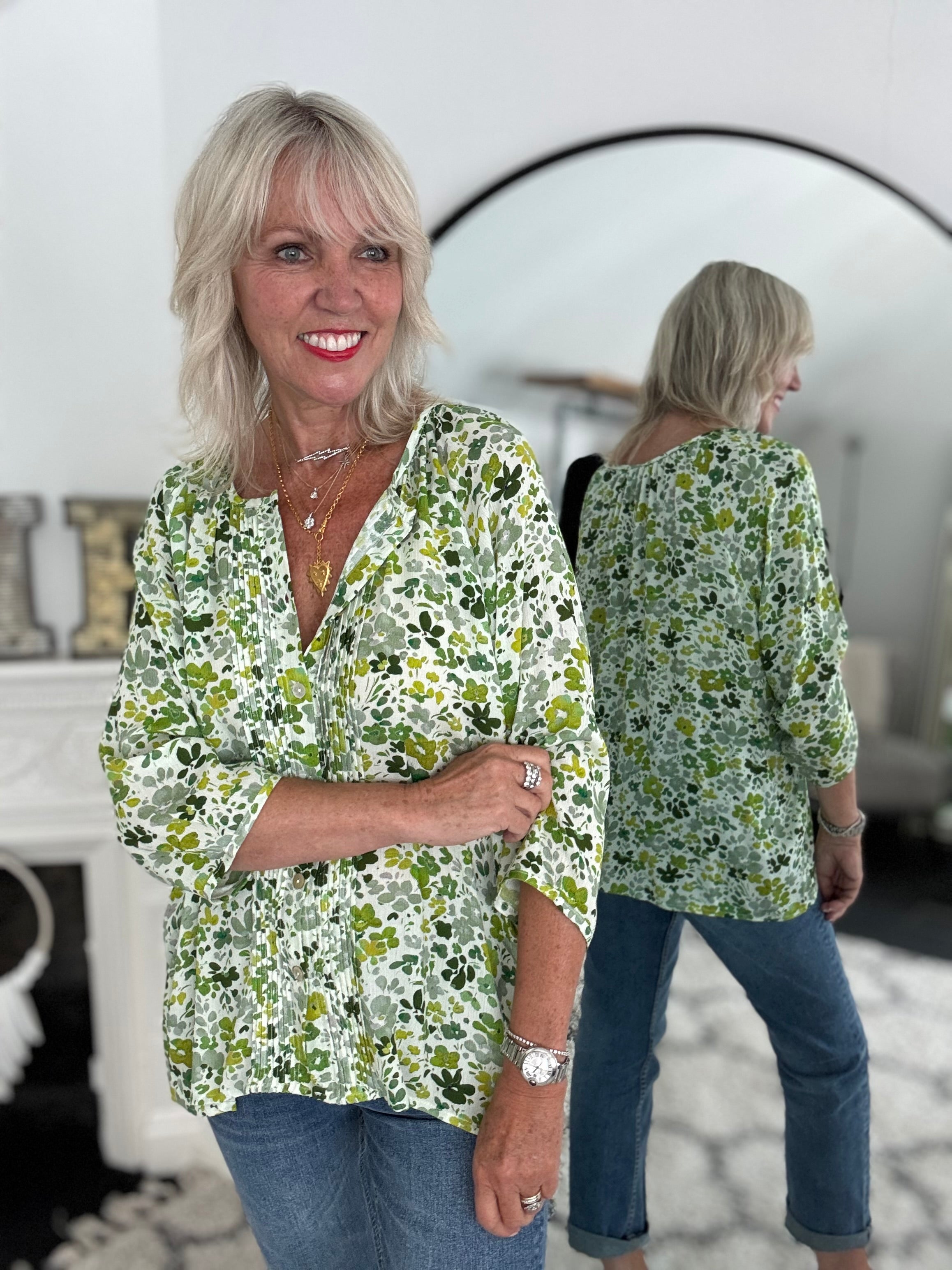 Pintuck Ditsy Blouse in Green & Lime