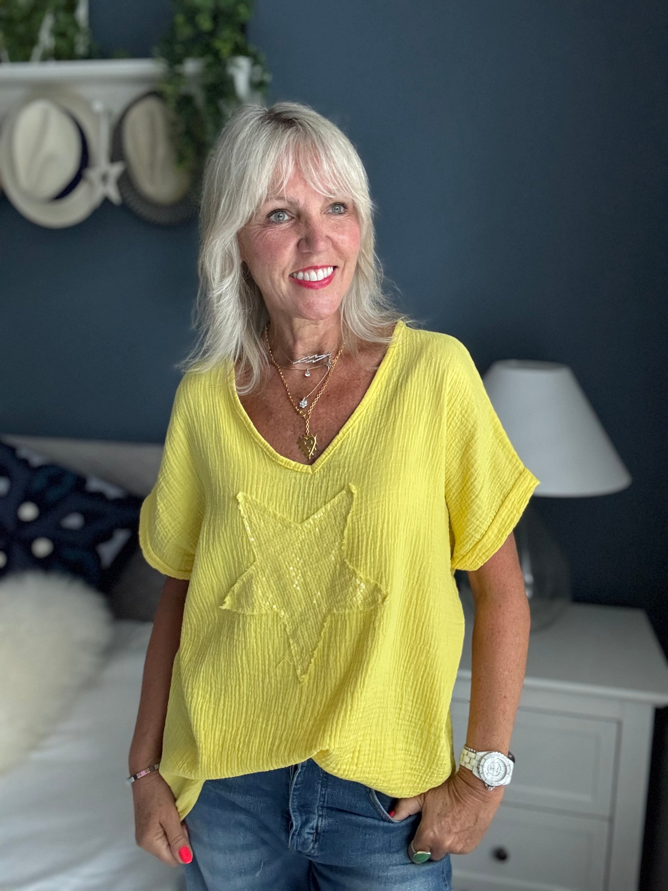 Cheesecloth Sequin Star Top in Sunshine Yellow