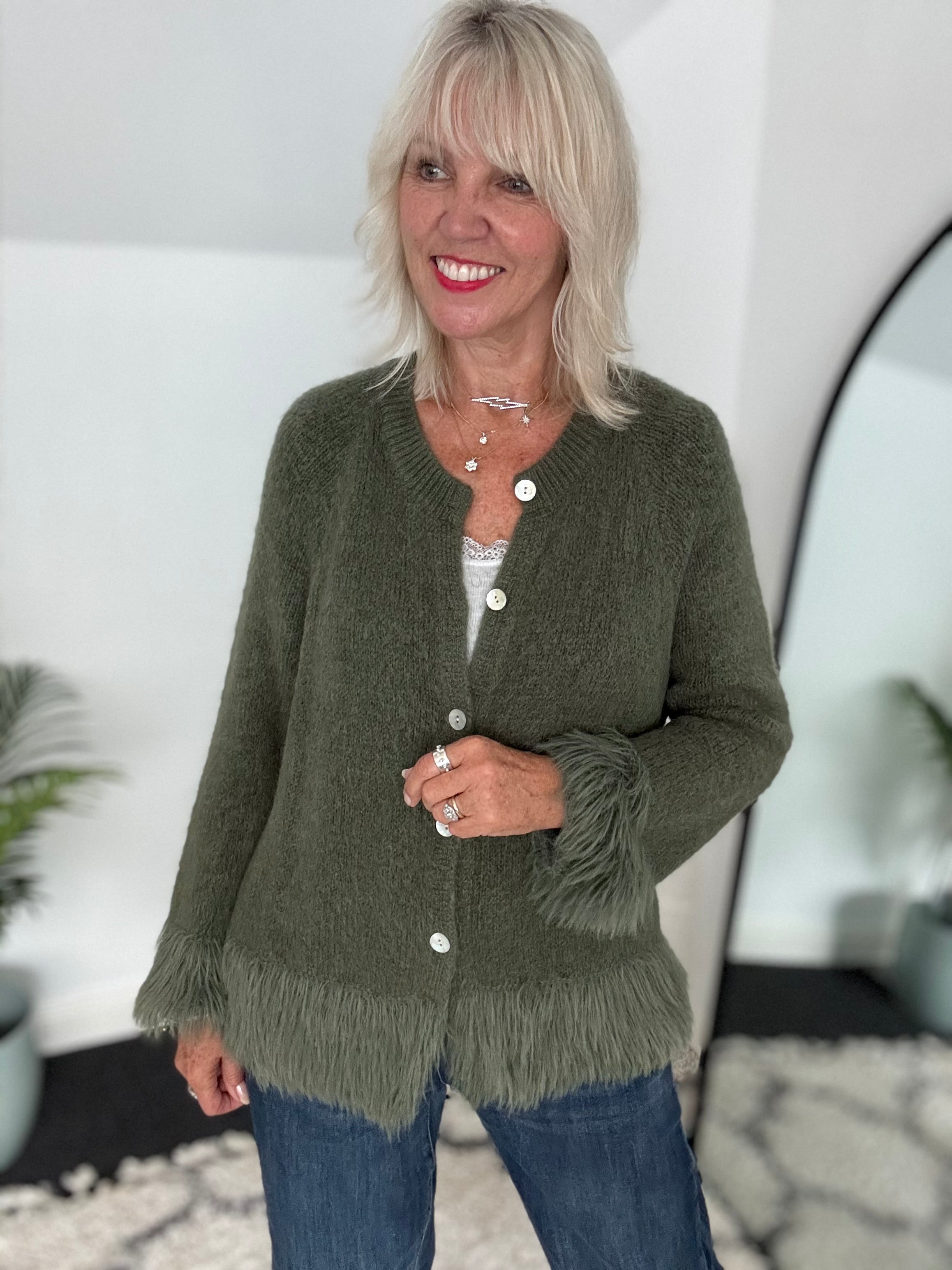 Luxe Fringe Cardigan in Khaki