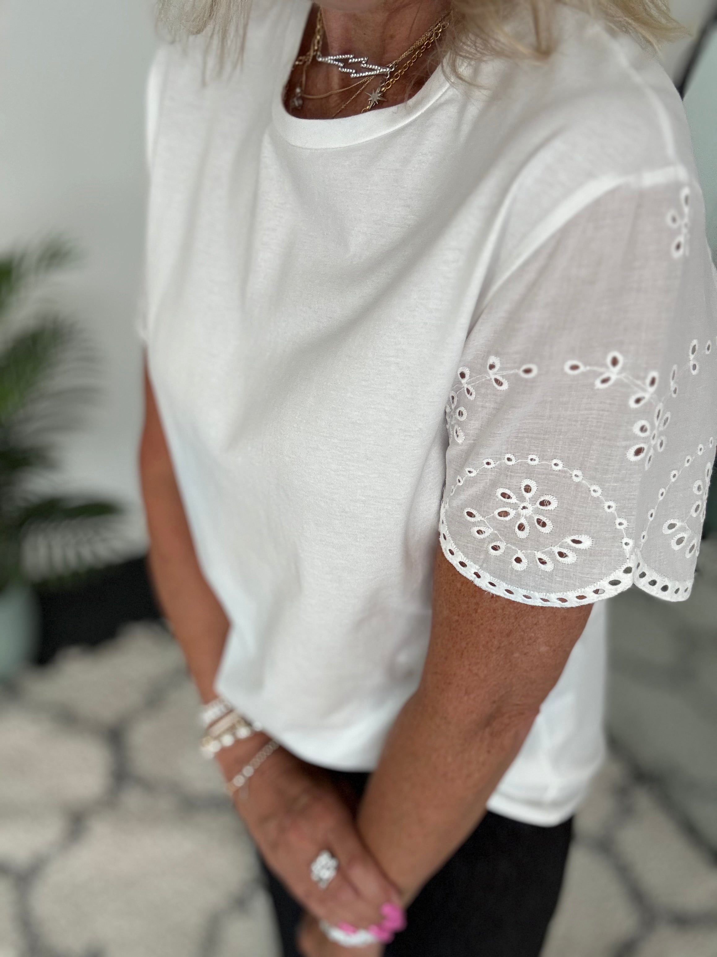 White Cotton Top with Broderie Sleeves