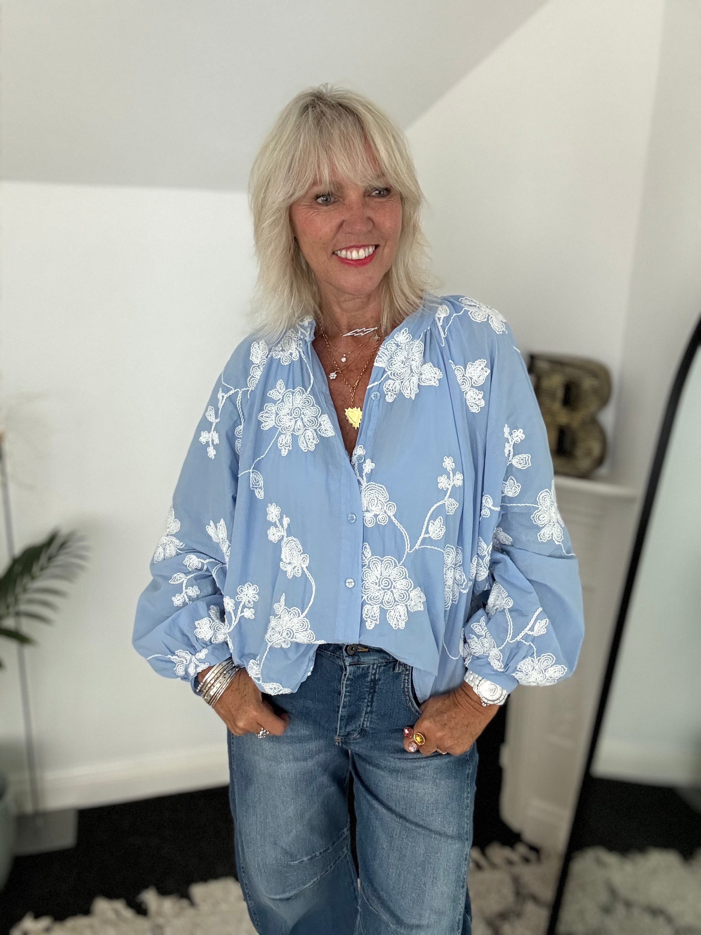 Luxe Embroidered Blouse & Rara in Blue