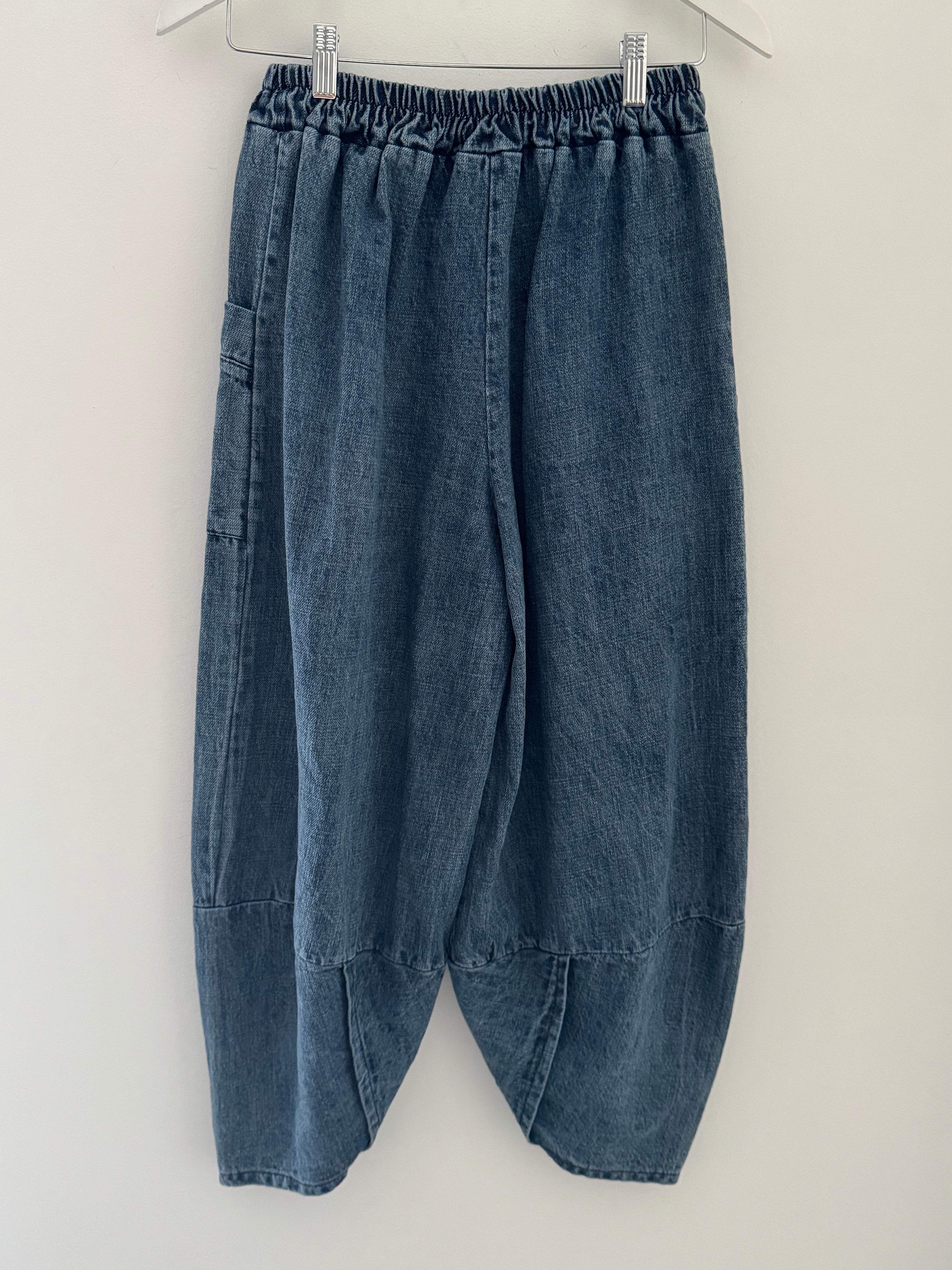 Premium Barrel Leg Trousers in Blue Denim