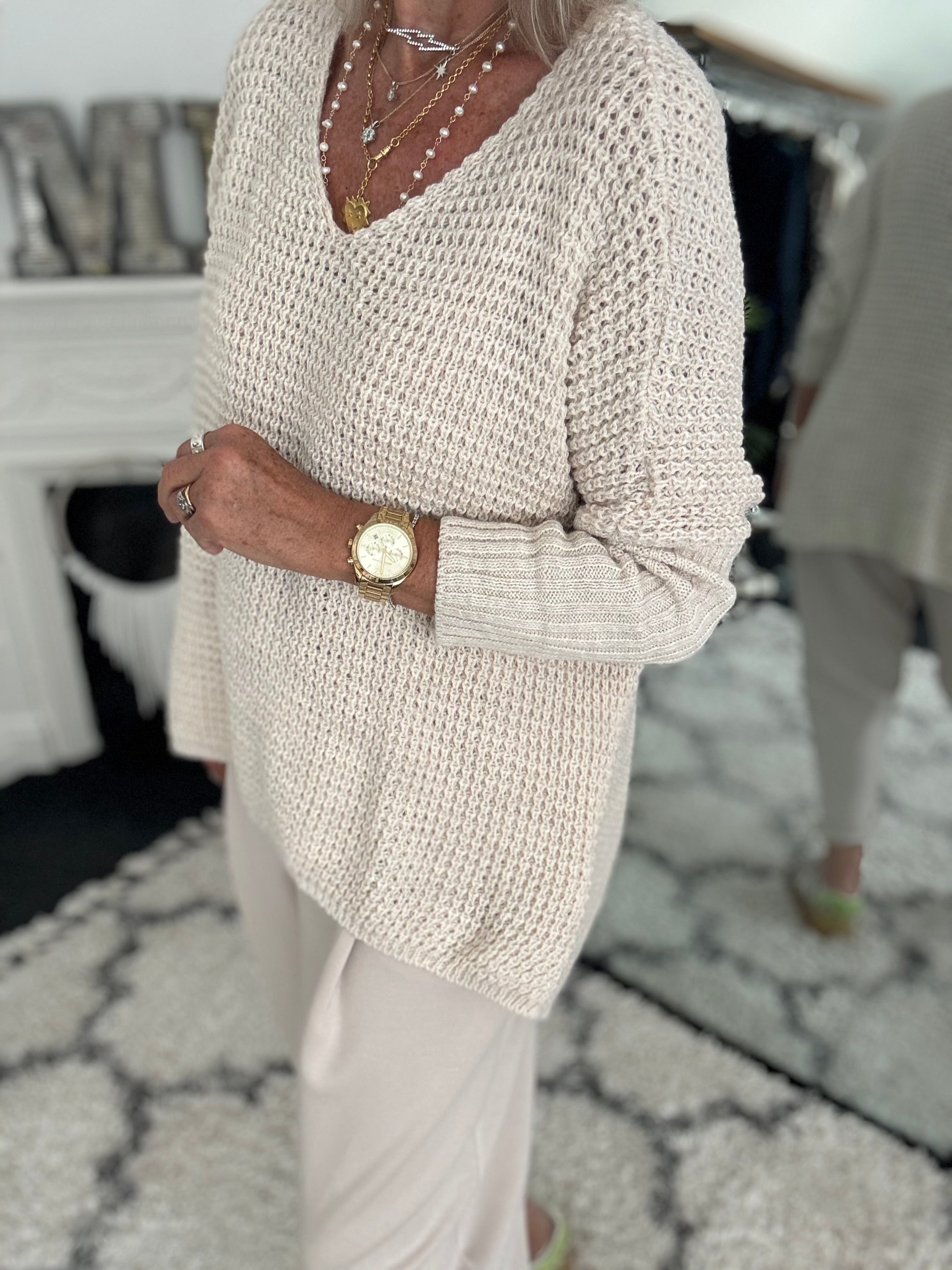 V Neck Waffle Knit in Ecru