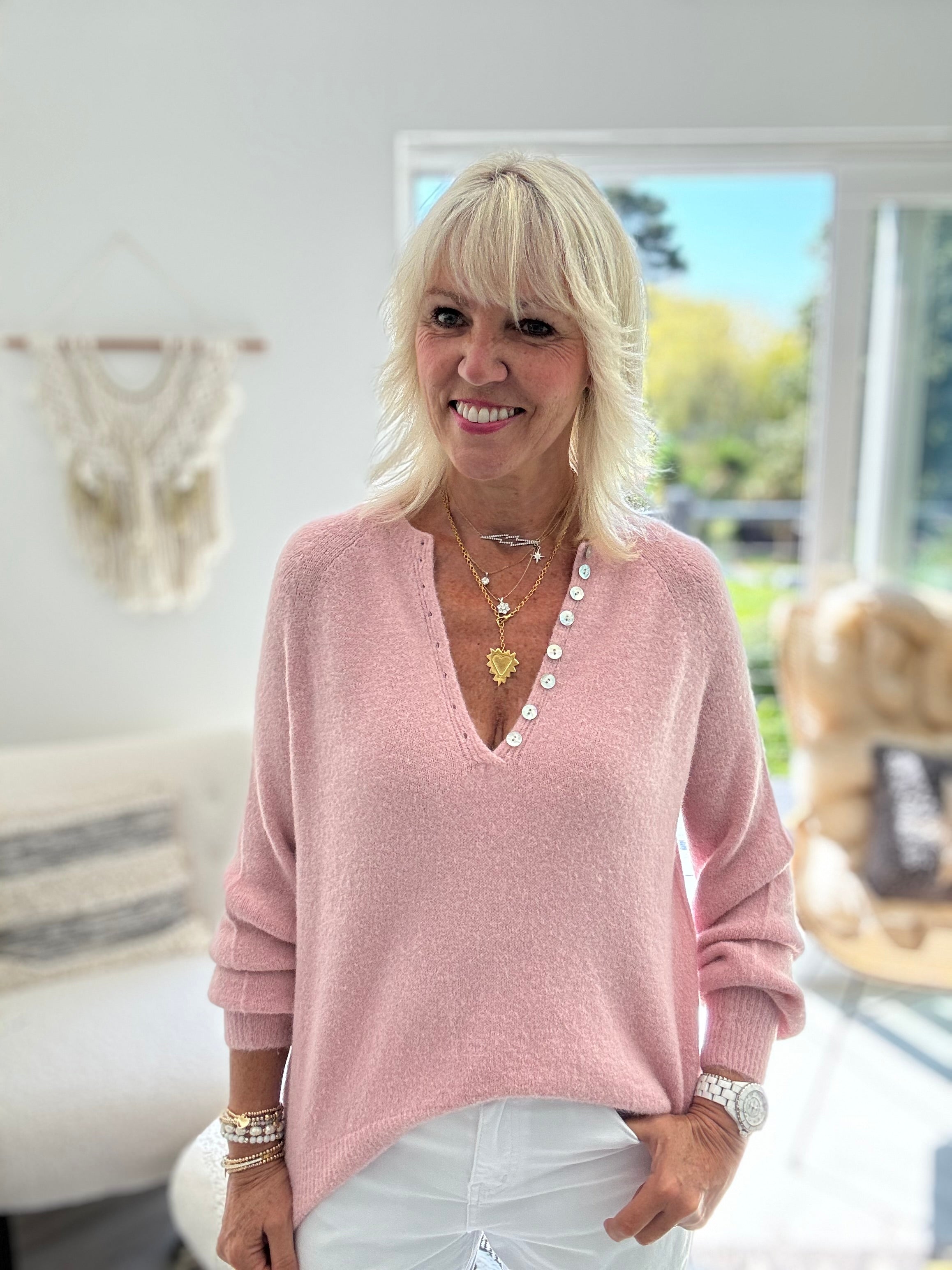 Softie Jumper with Button Neck in Soft Pink