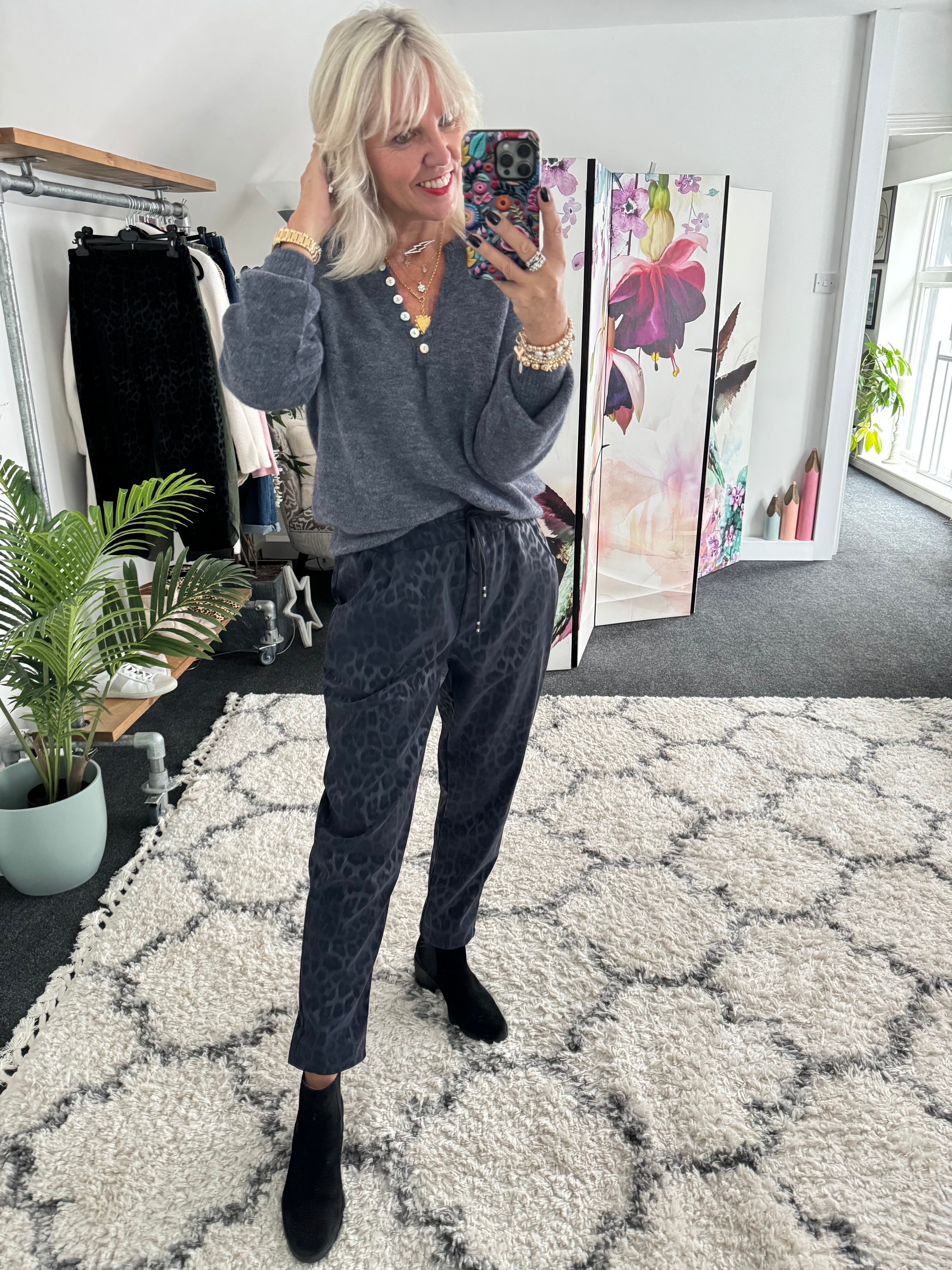 Faux Leather Leopard Print Joggers in Ink