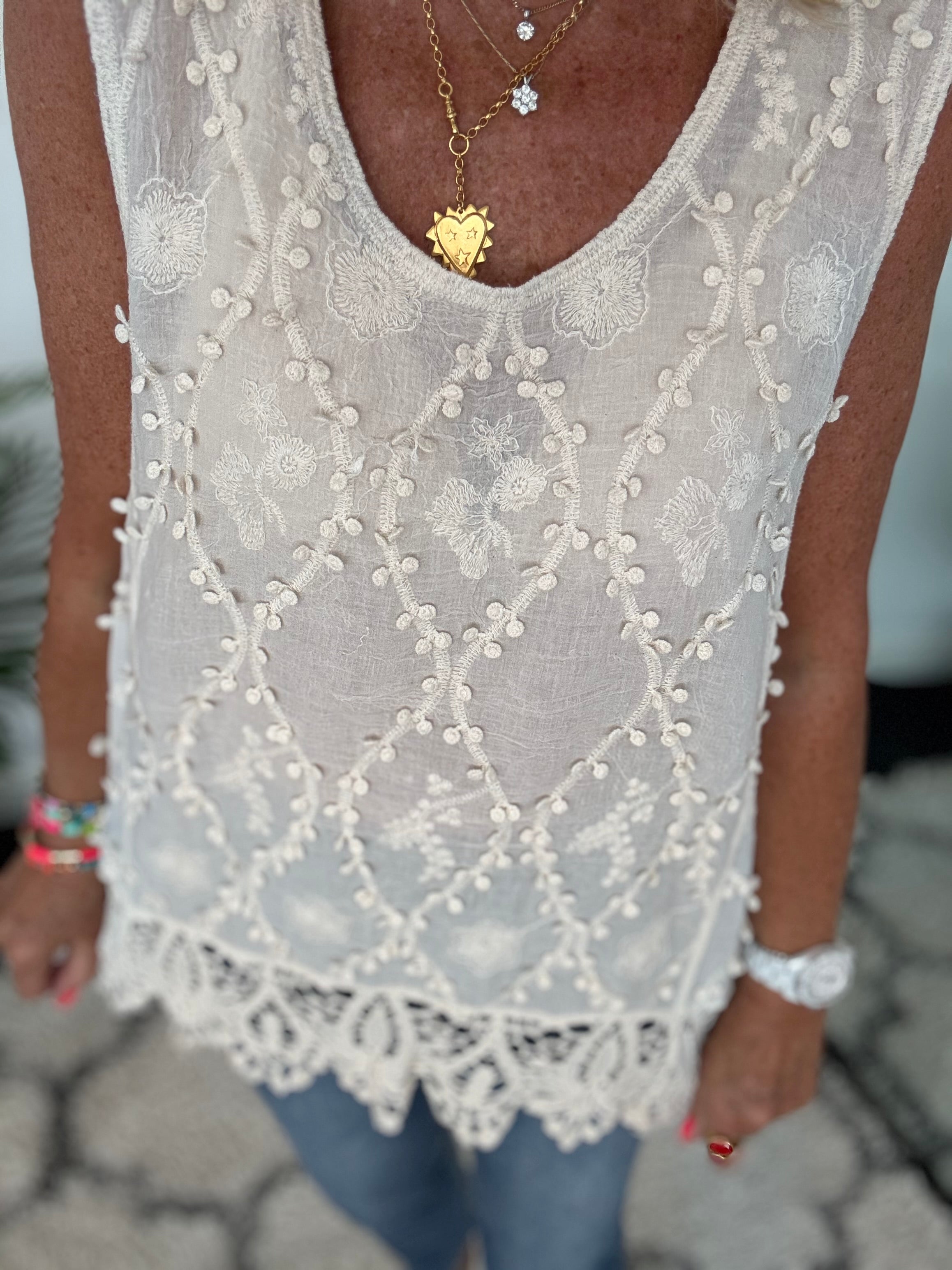 Embroidered Cotton Vest in Ecru