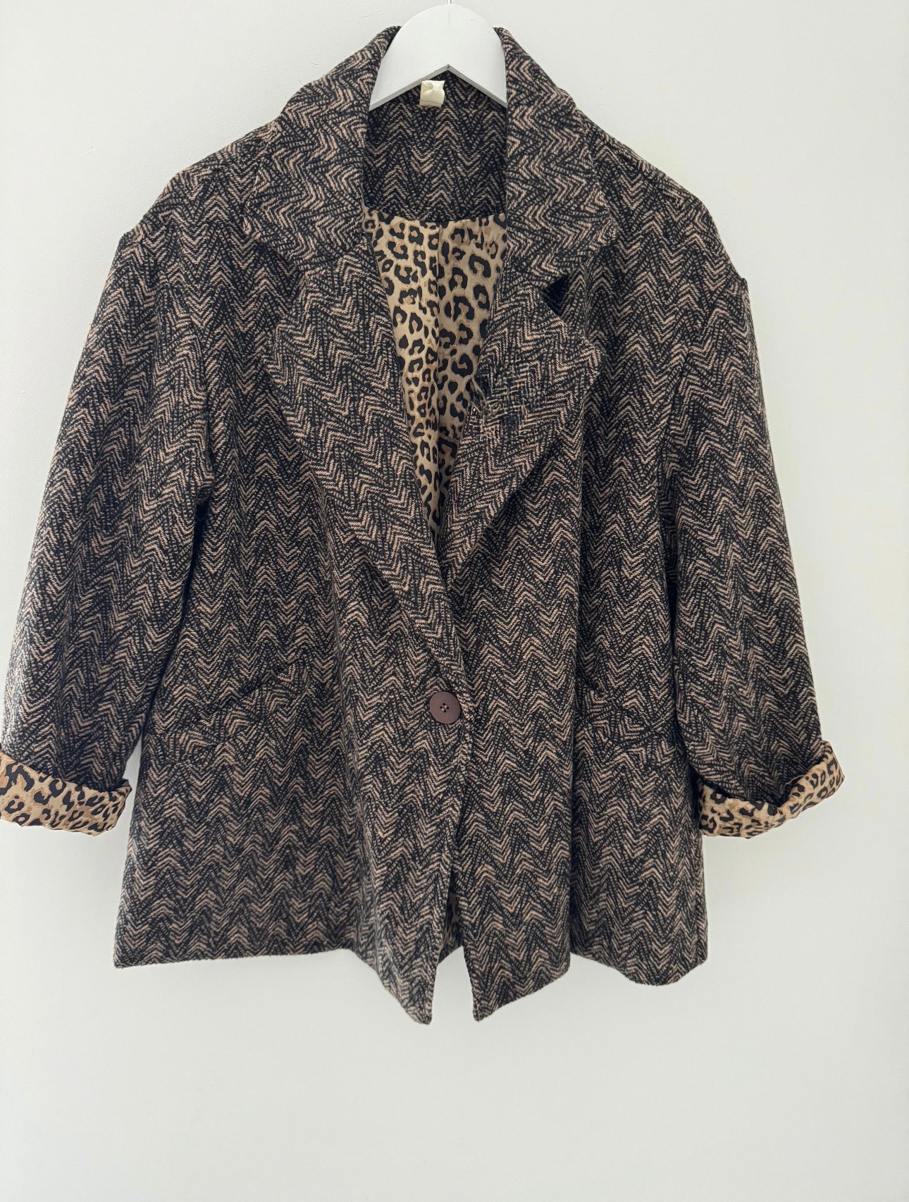 Brown Tweed Boyfriend Jacket with Leopard Lining