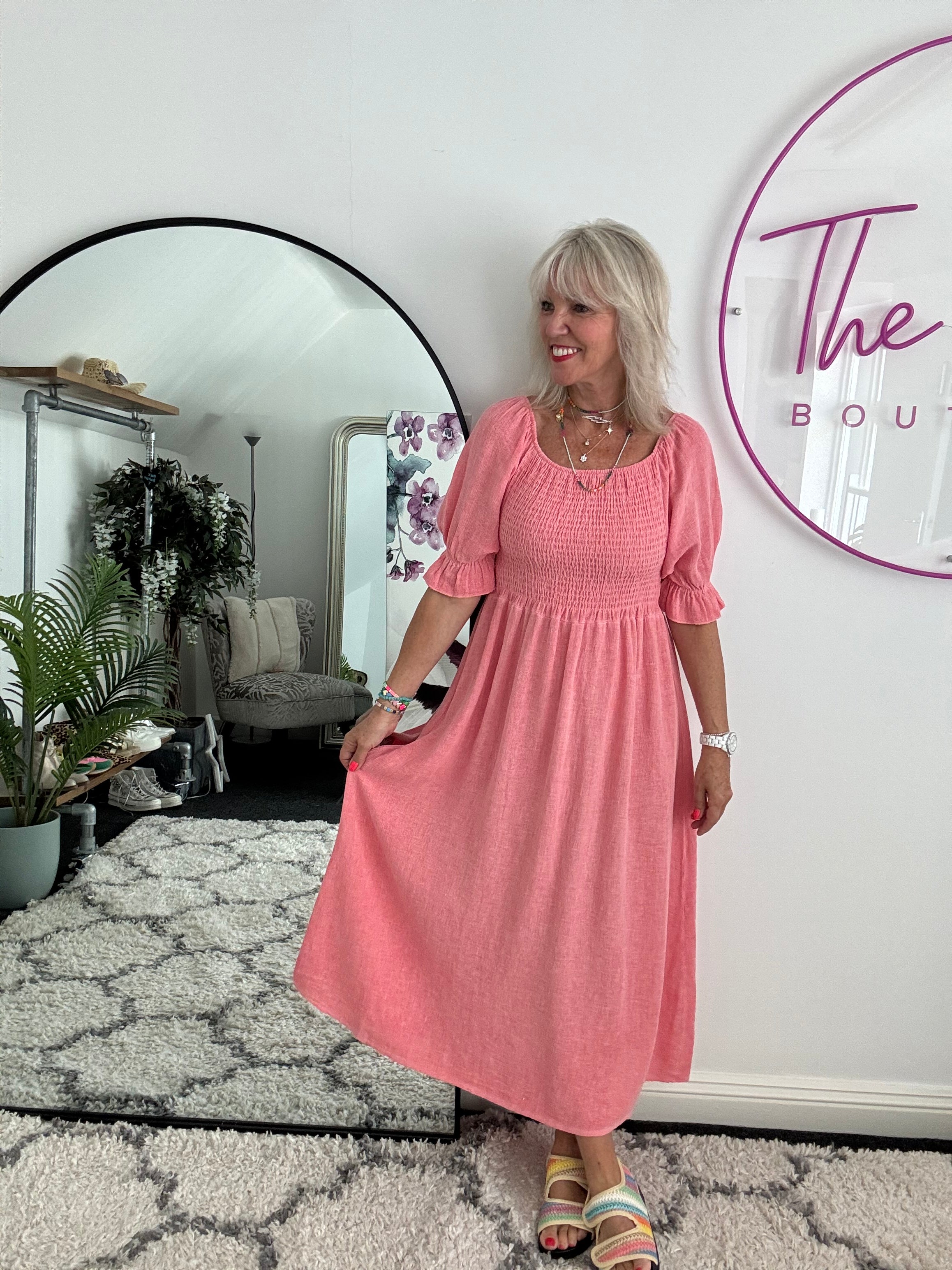 Cotton & Linen Shirred Dress in Coral