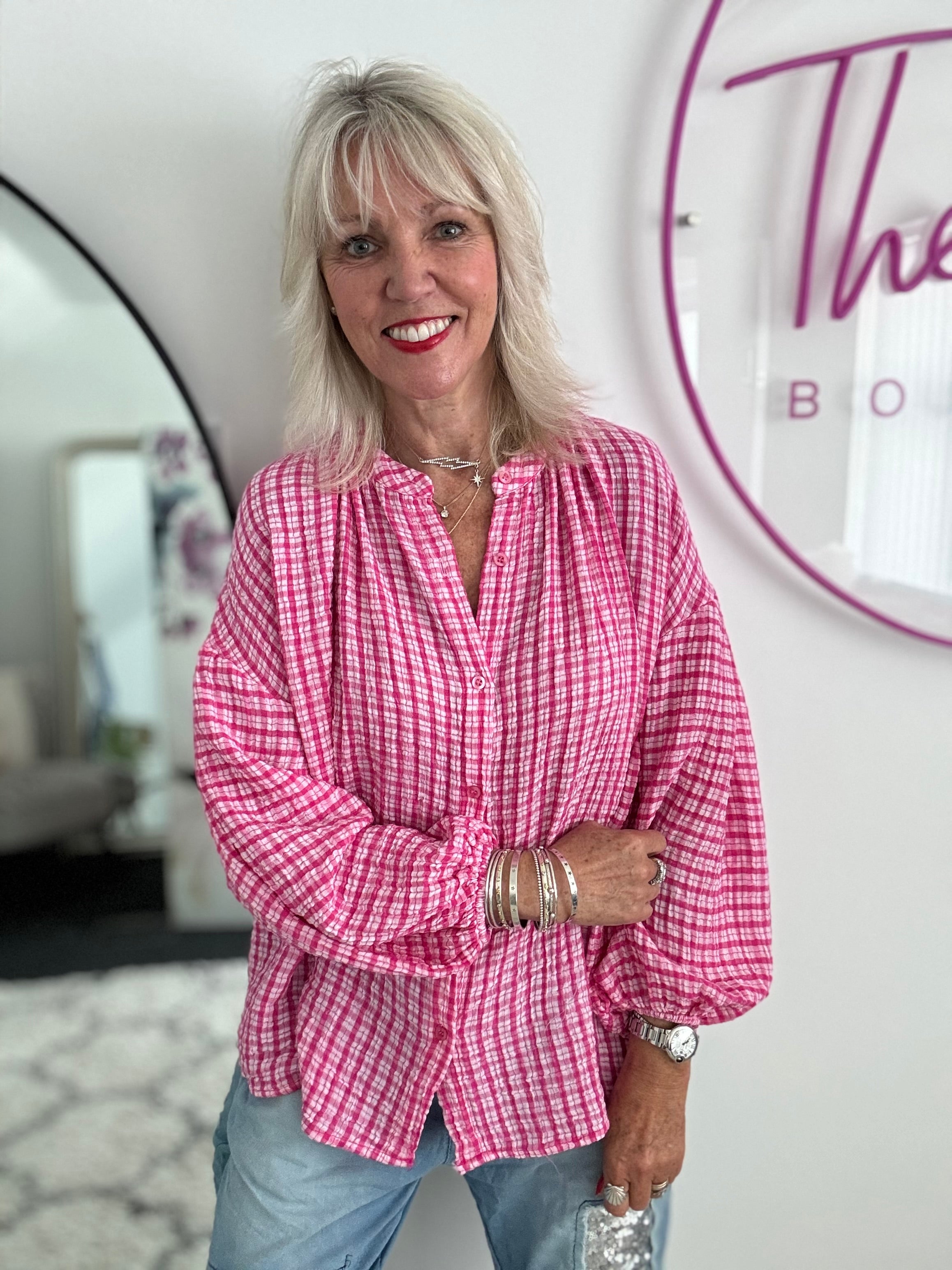 Gingham Seersucker Blouse in Raspberry