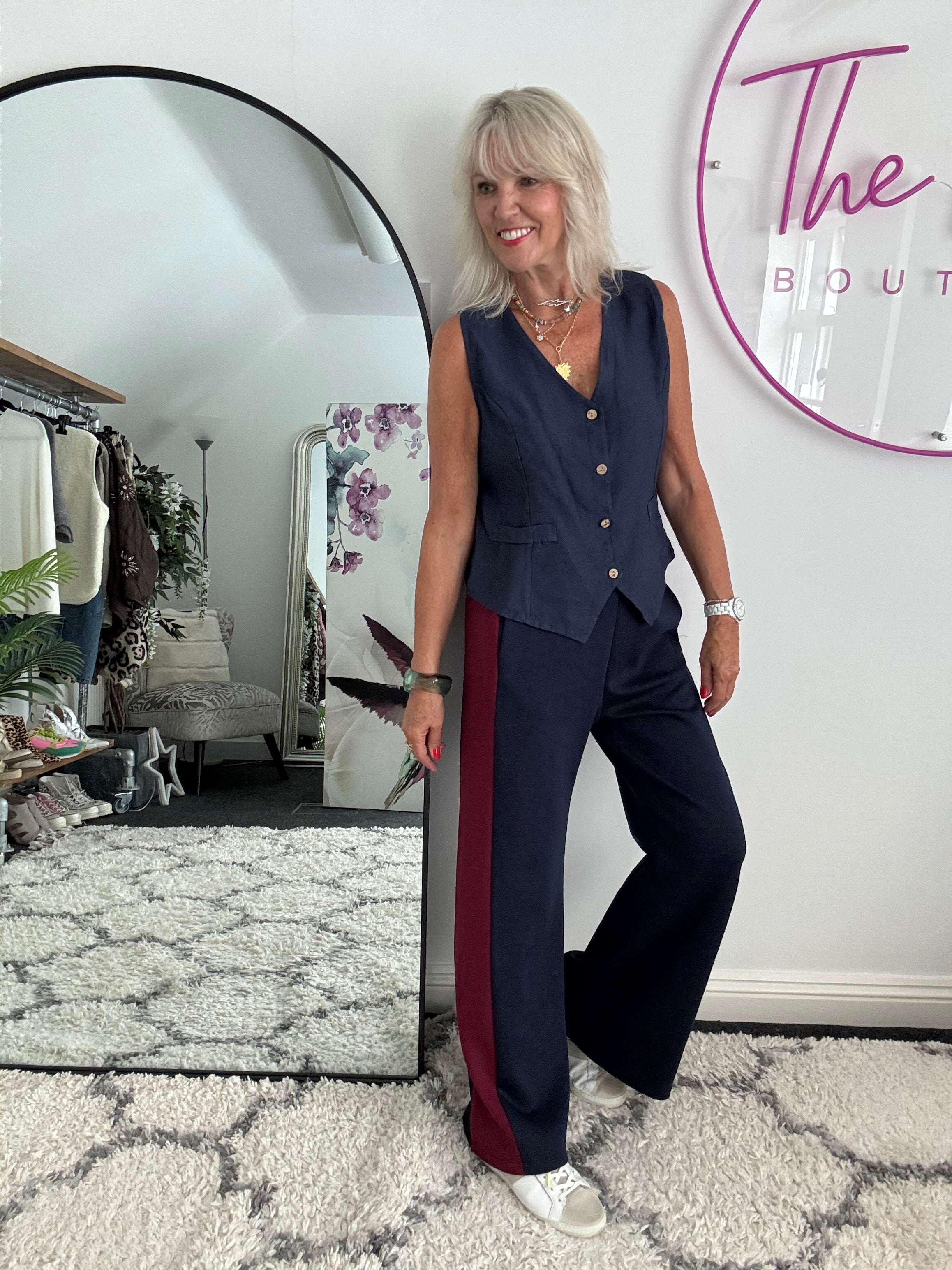 Stretch Trousers with Side Stripe in Navy & Claret