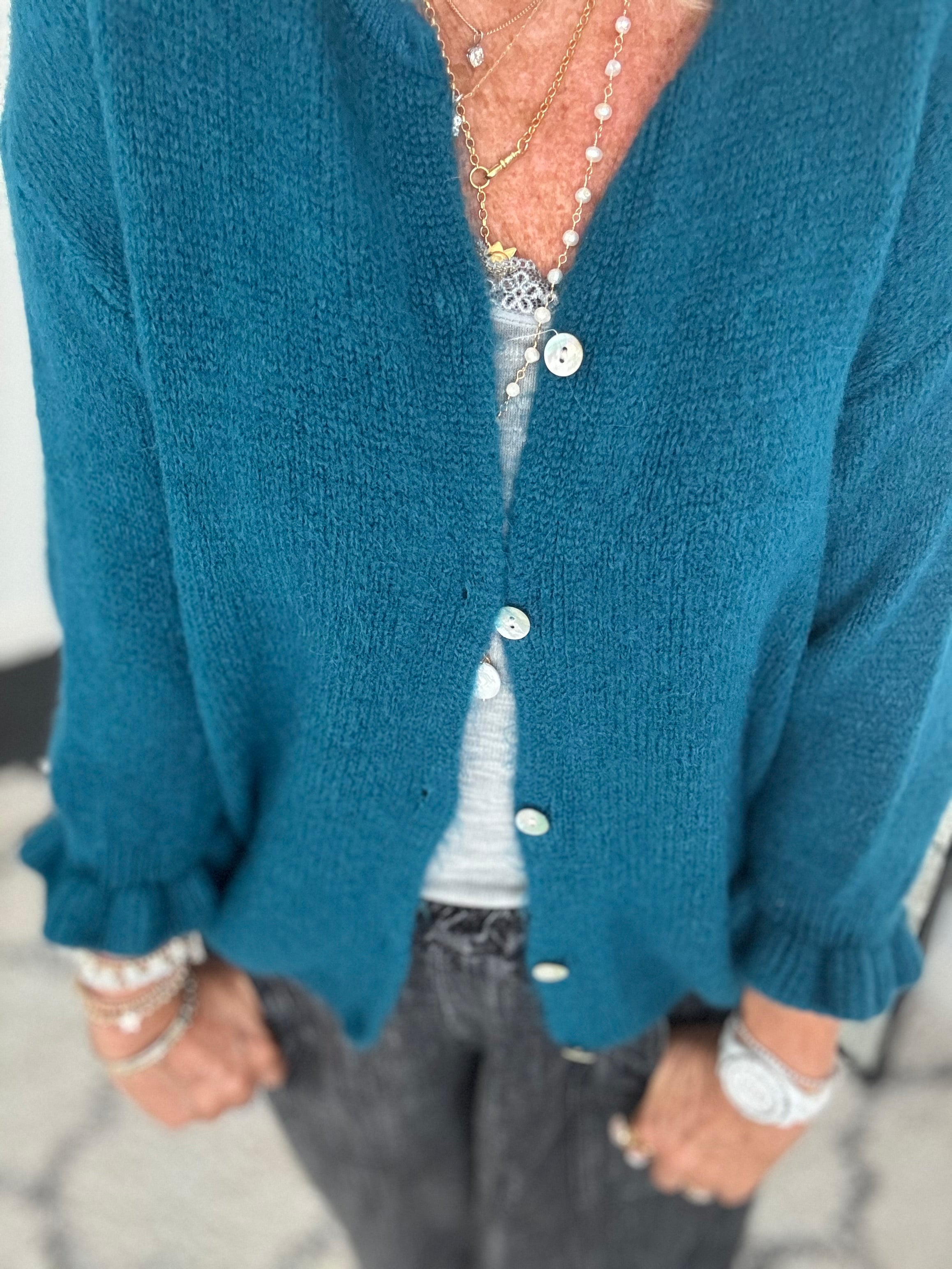 Alpaca Cardi with Frill Cuffs in Teal
