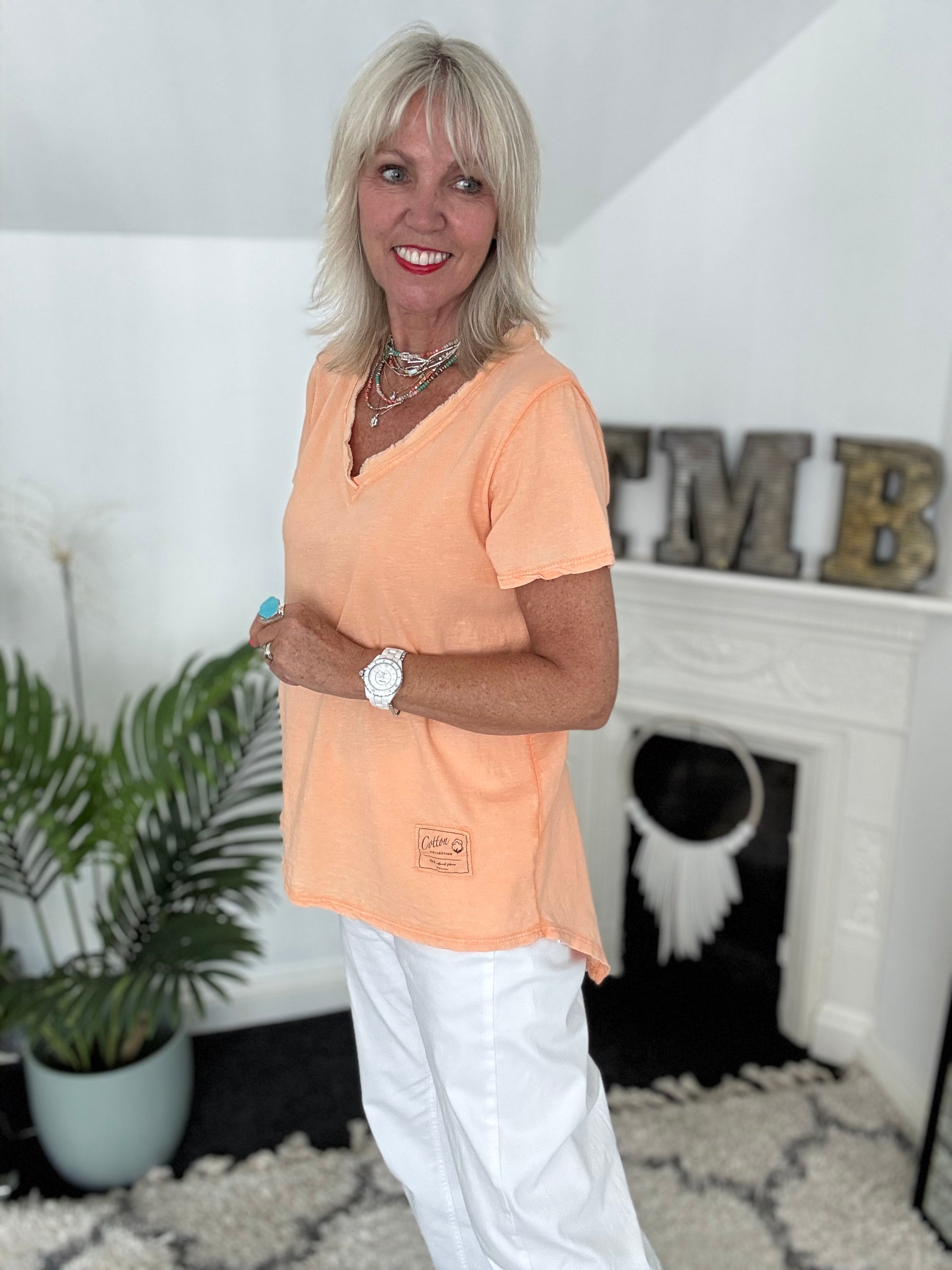 Vintage V Neck Tee in Tangerine