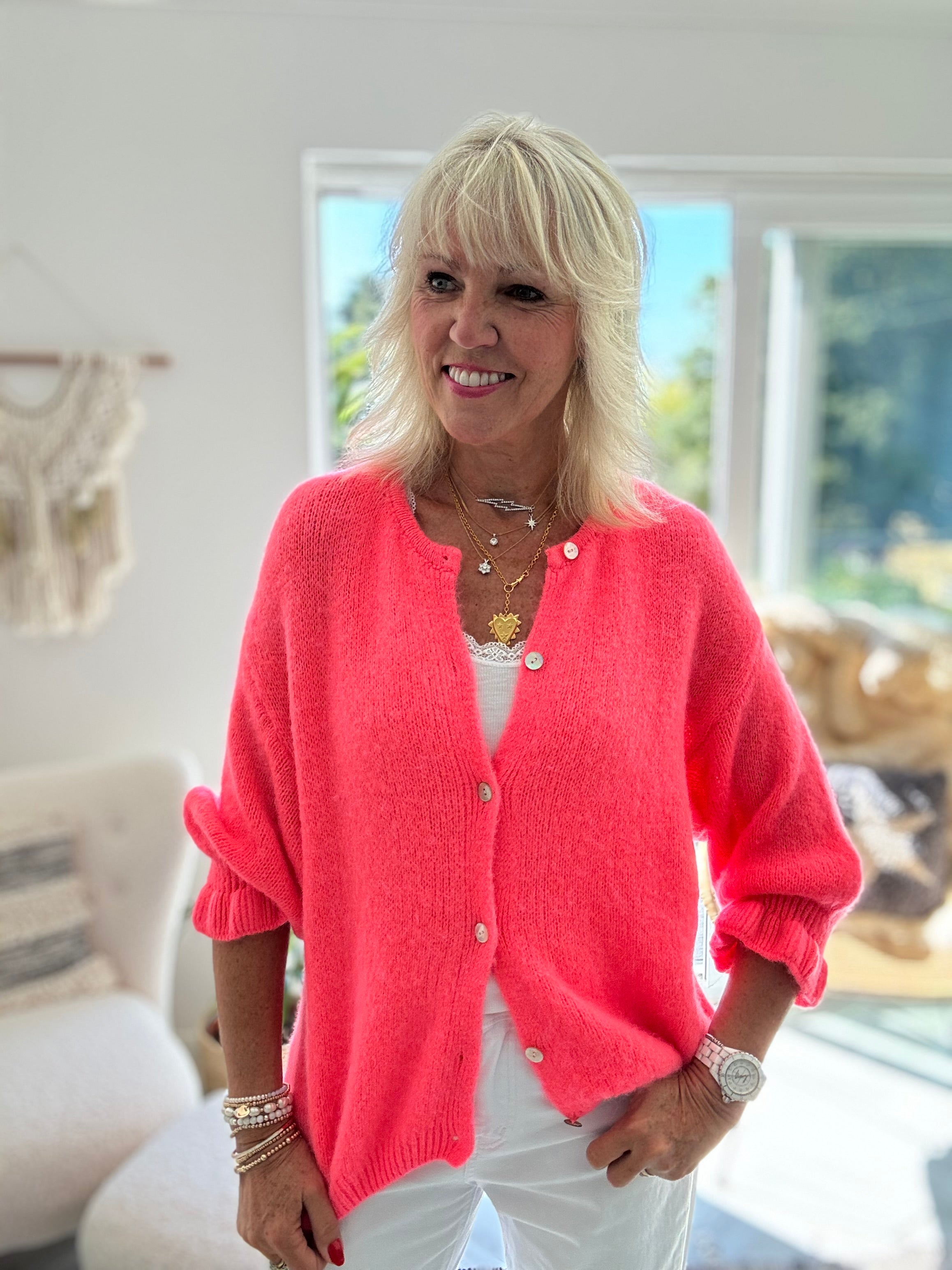 Alpaca Cardi with Frill Cuffs in Neon Coral