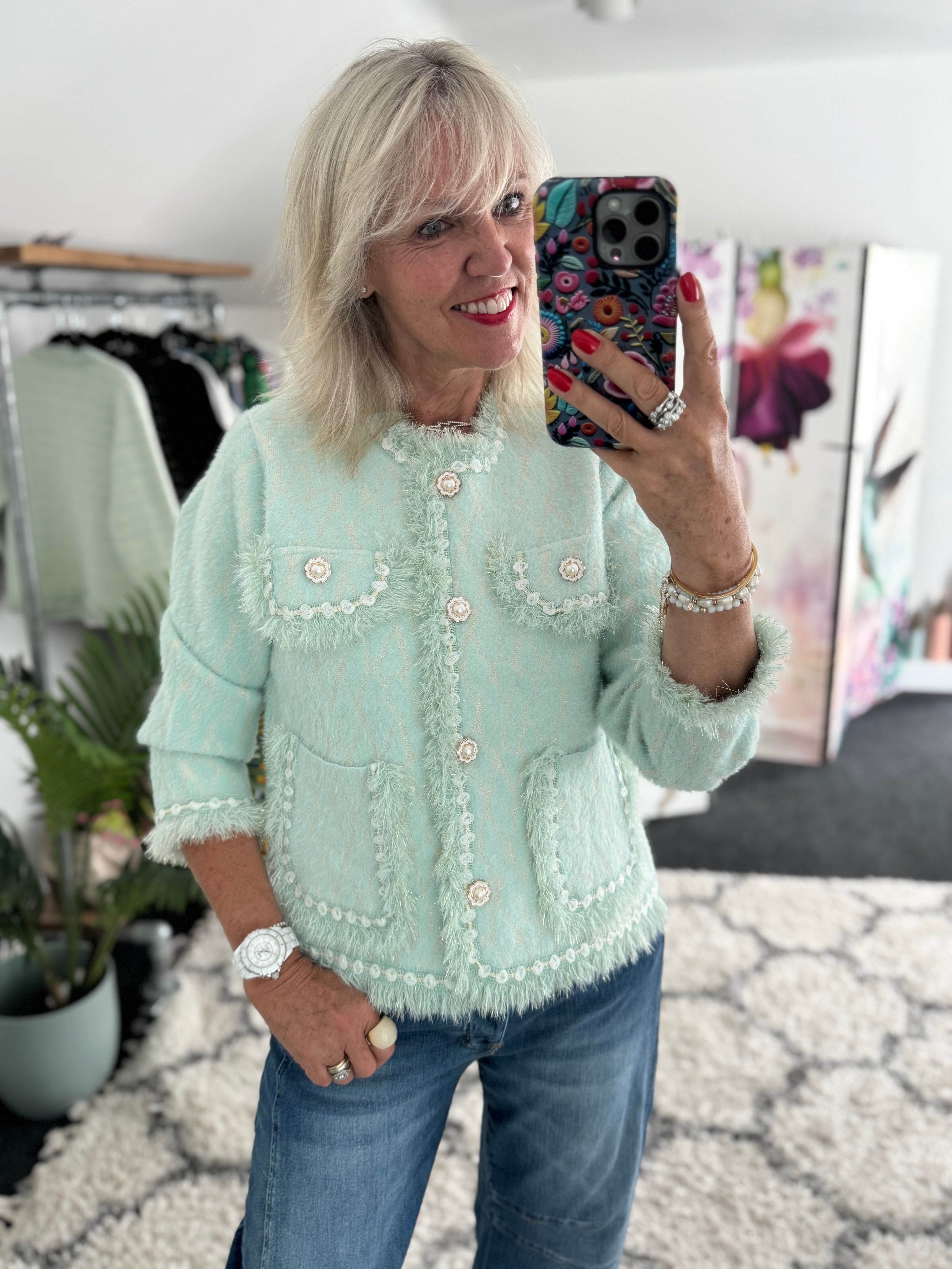 Flower Button & Tweed Cardi Jacket in Aqua