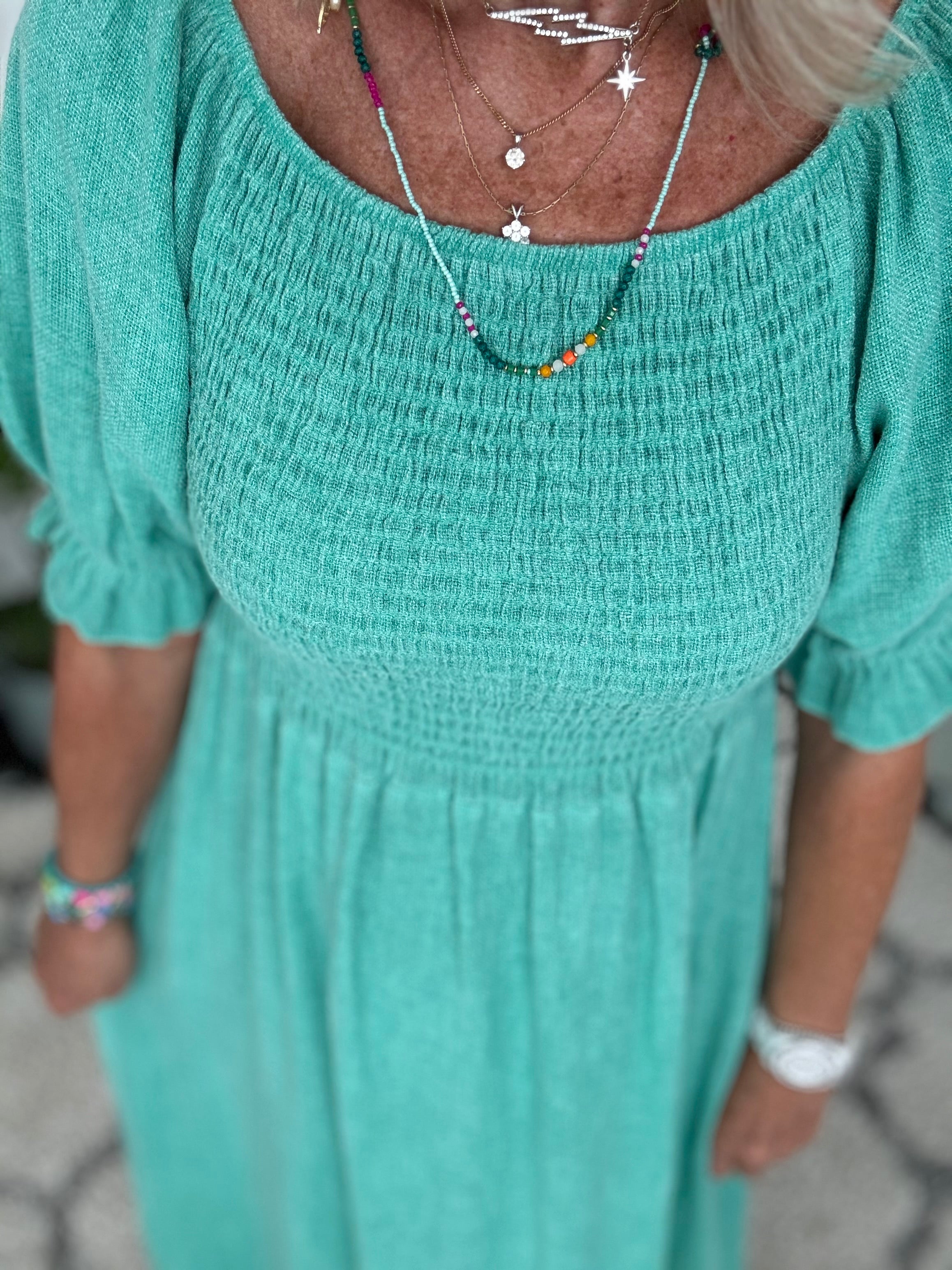 Cotton & Linen Shirred Dress in Ocean Green