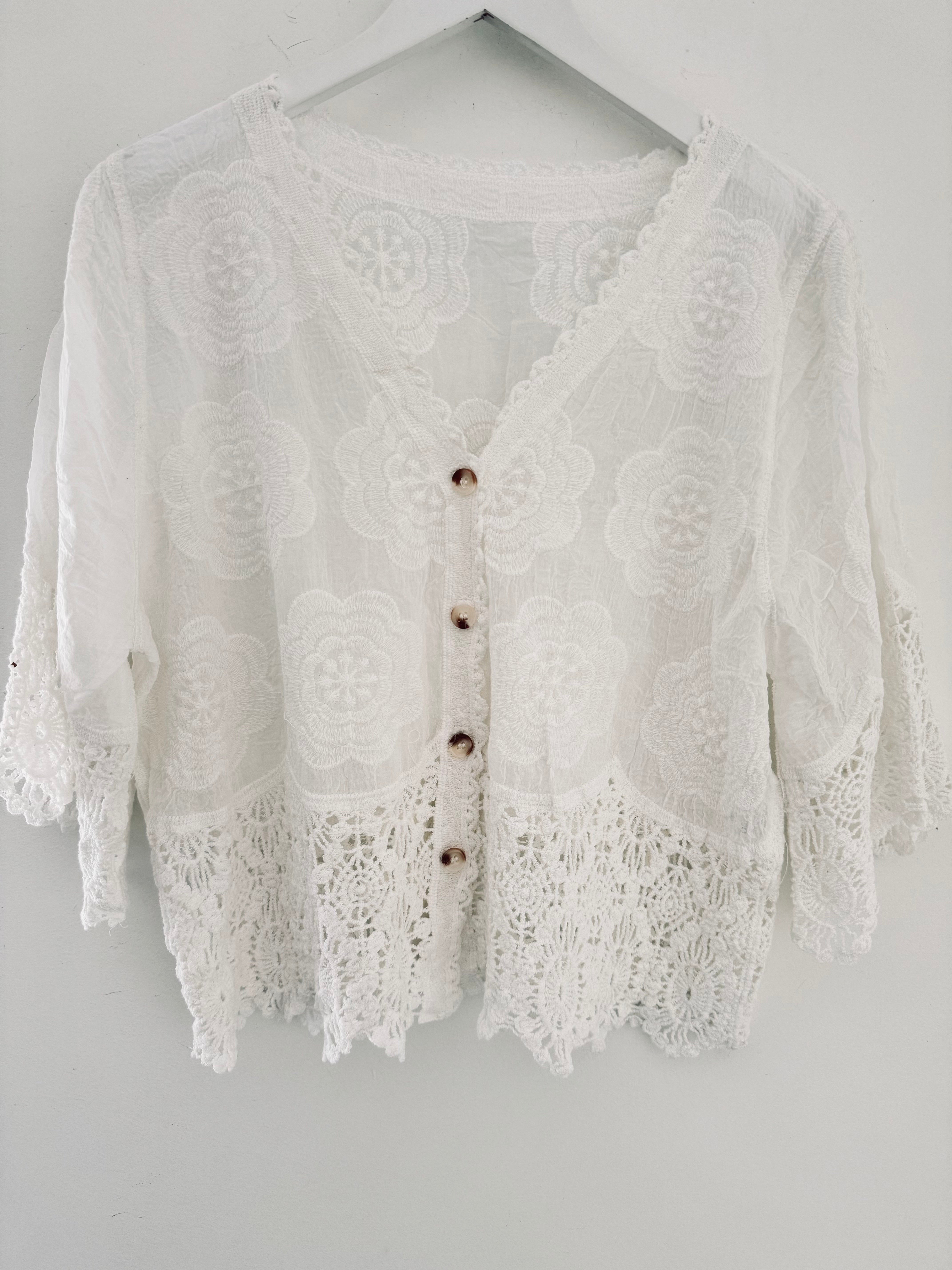 Embroidered Buttoned Top in White